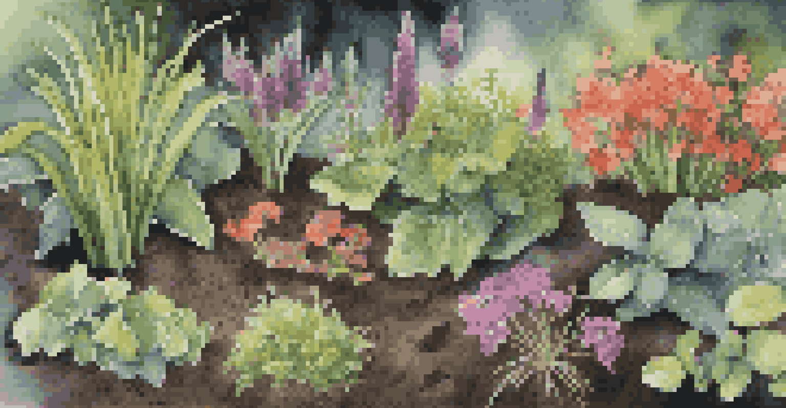 Healthy garden soil with flourishing plants, displaying a diverse array of colorful flowers and grasses.