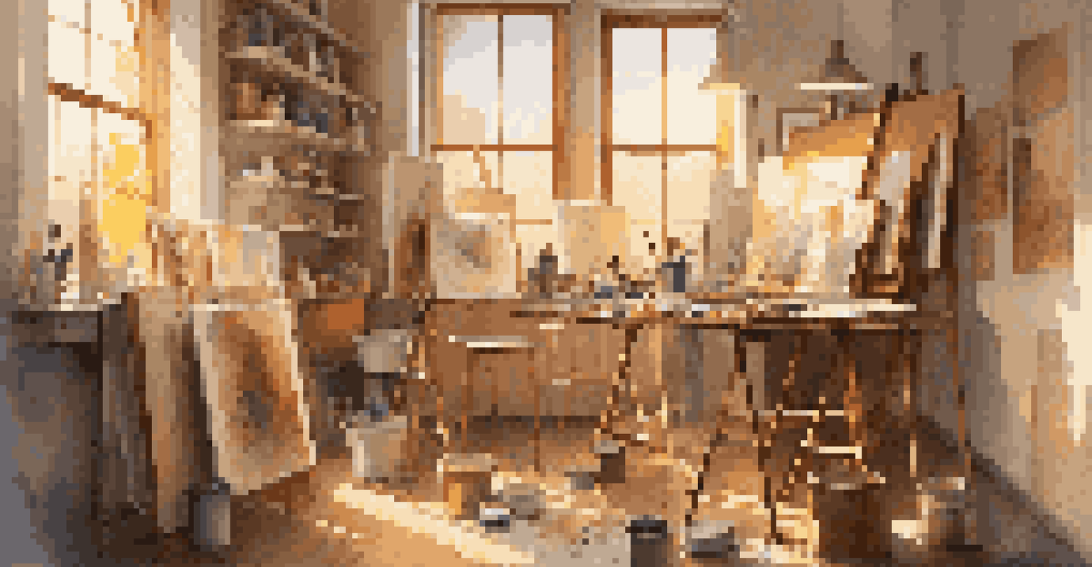 An artist's studio with art supplies, a canvas on an easel, and warm light streaming through a window.