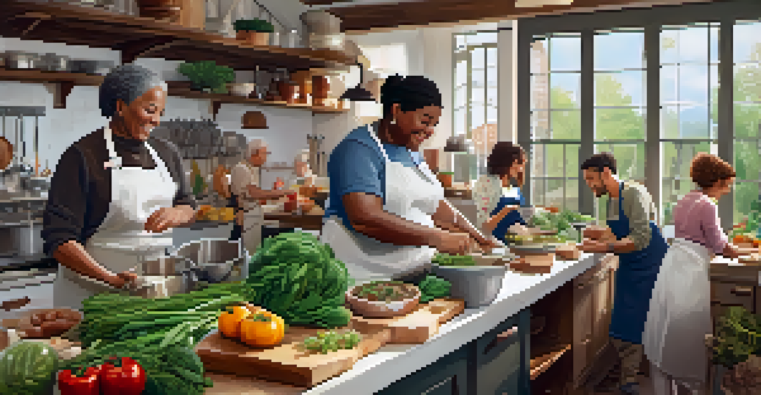 A group of diverse participants in a cozy kitchen engaged in a cooking class, with fresh produce and cooking tools around them.