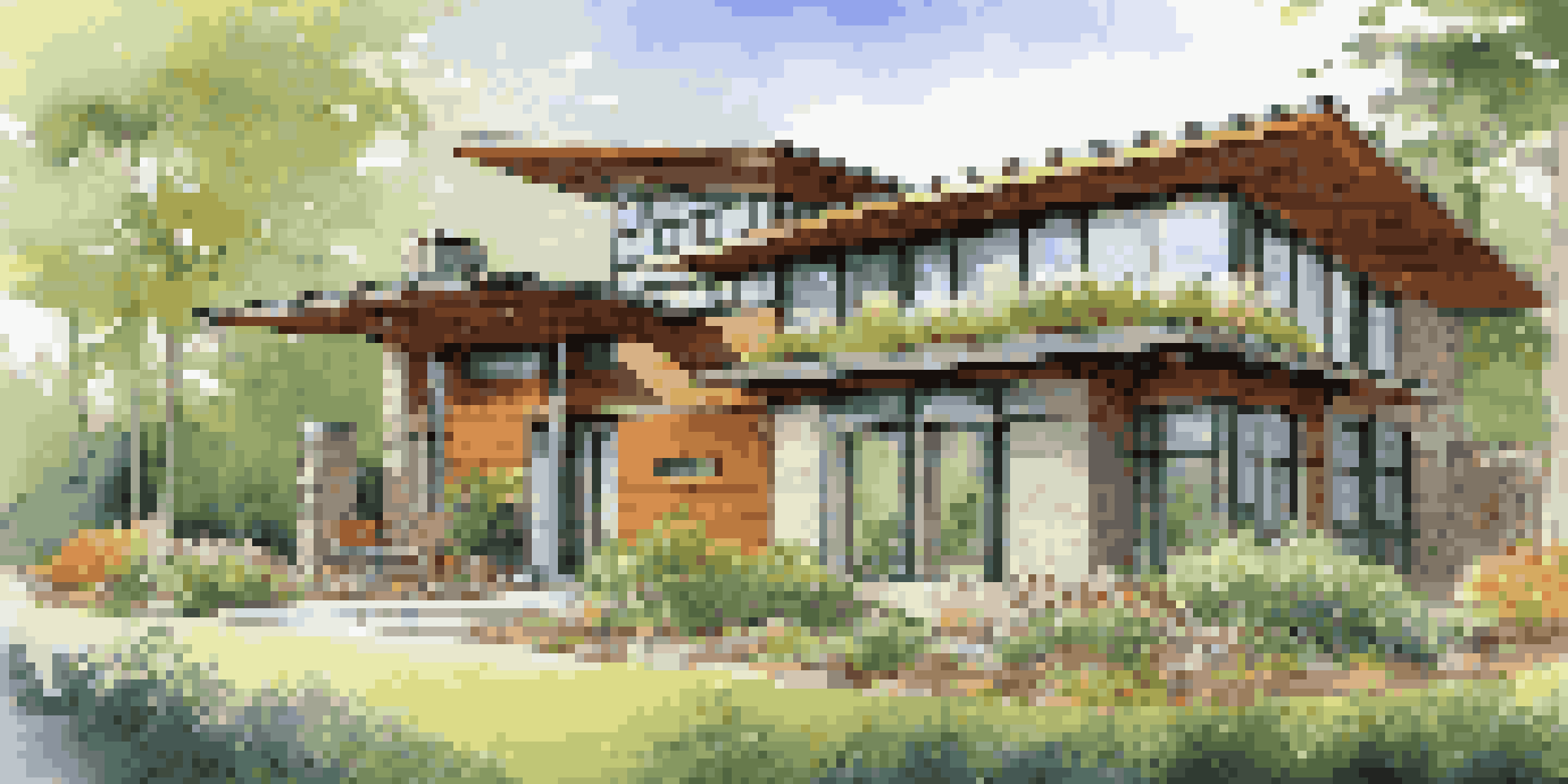 A modern eco-friendly home with solar panels, energy-efficient windows, and a lush green roof amidst a vibrant garden.