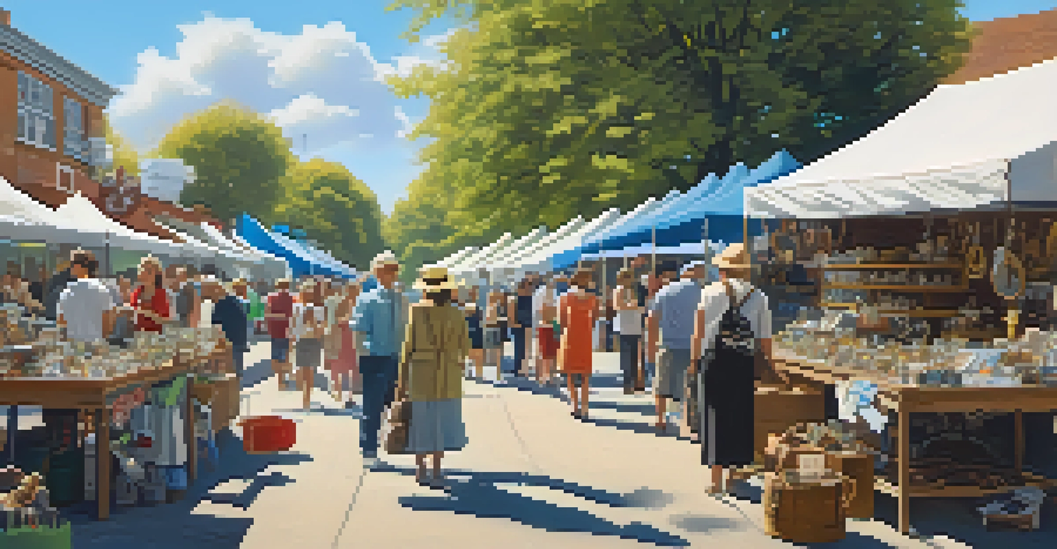 A vibrant outdoor flea market showcasing various collectibles, with people exploring and enjoying the atmosphere.