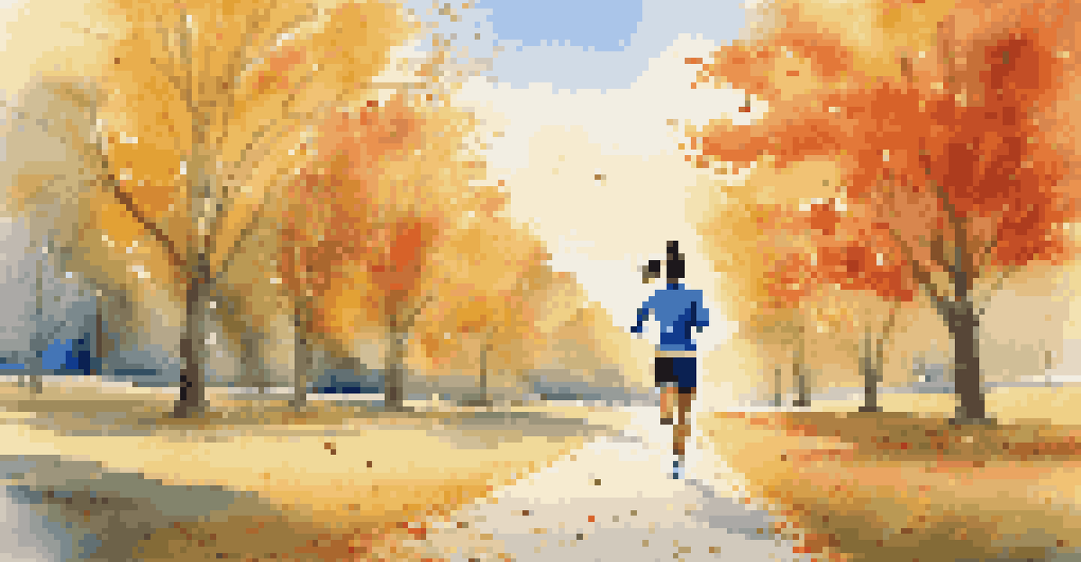 A person jogging in a sunny park with headphones, surrounded by colorful autumn leaves, representing inspiration and wellness.