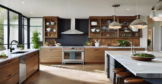A spacious and modern kitchen designed for cooking enthusiasts, showcasing high-end appliances and a stylish island with natural light streaming in.