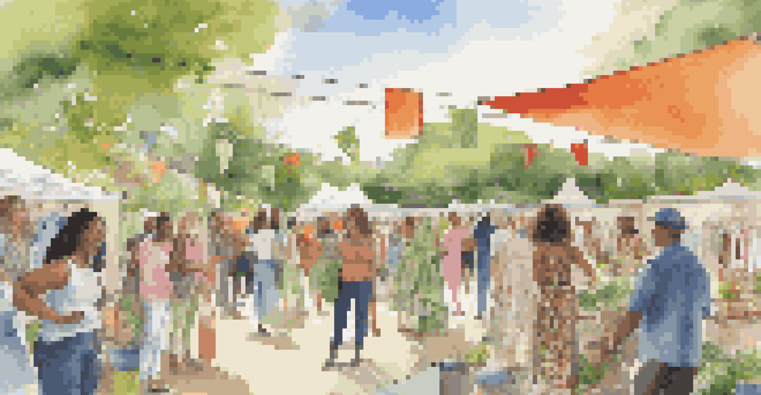 A diverse group of people participating in a sustainable fashion event outdoors, surrounded by greenery and colorful banners.