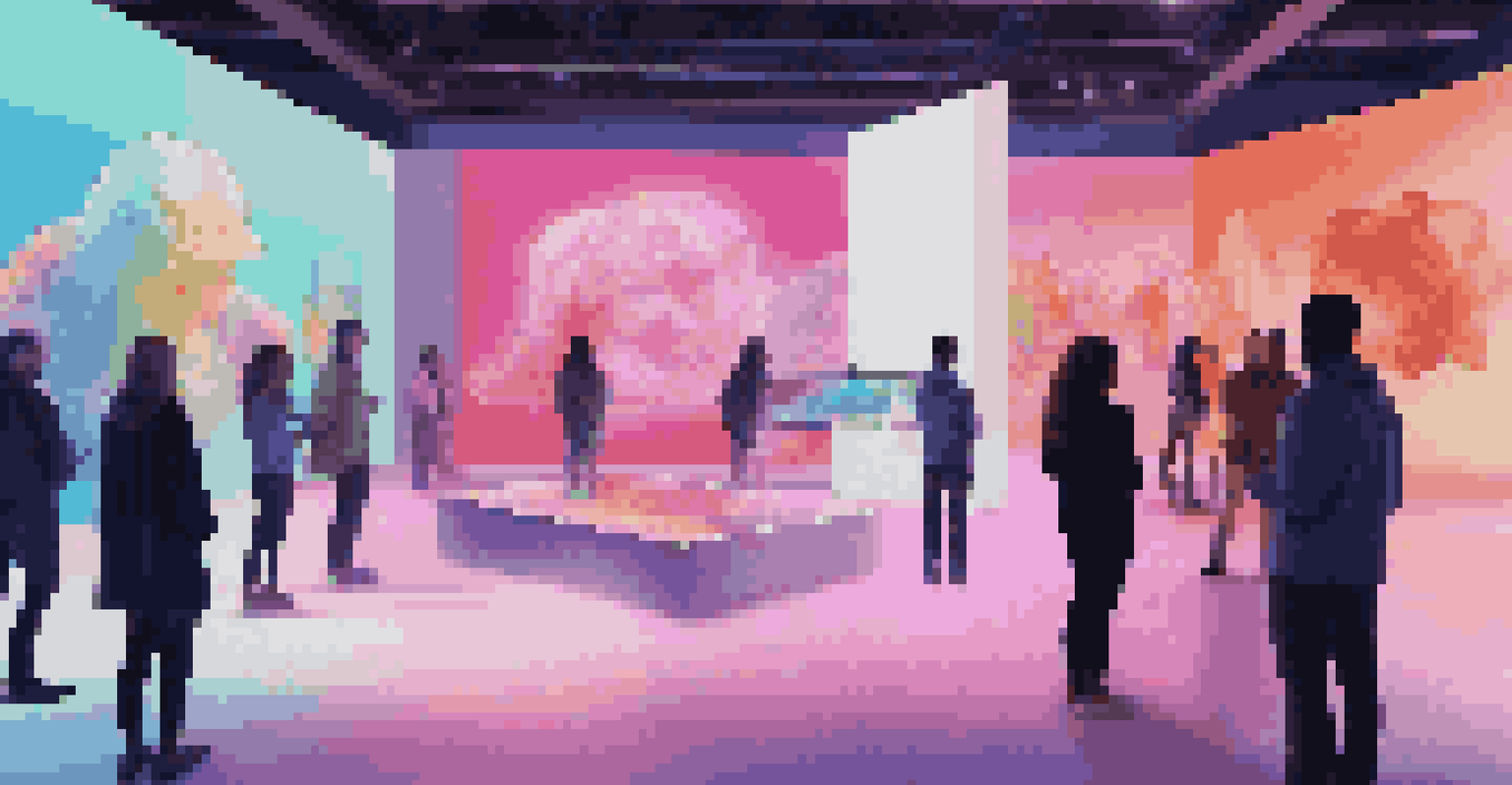 A digital art exhibition with attendees interacting with augmented reality holograms and vibrant lighting.