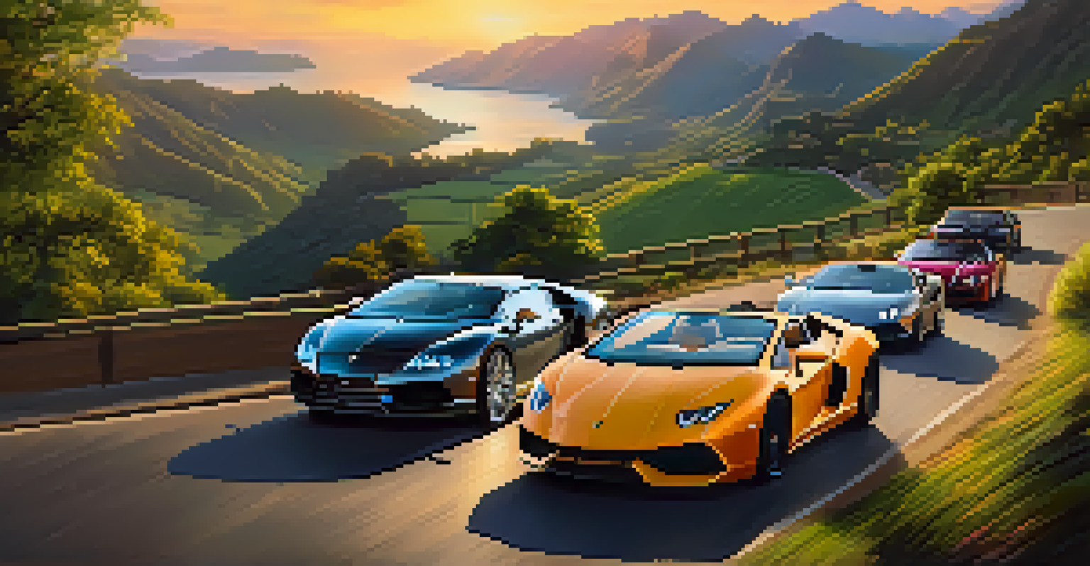 A luxury car rally with various high-end vehicles driving through a scenic mountain road during sunset.