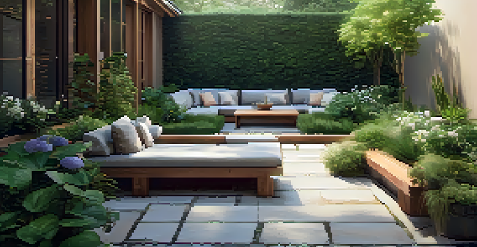 A peaceful outdoor patio filled with green plants, natural wood furniture, and soft lighting, creating a calming atmosphere.