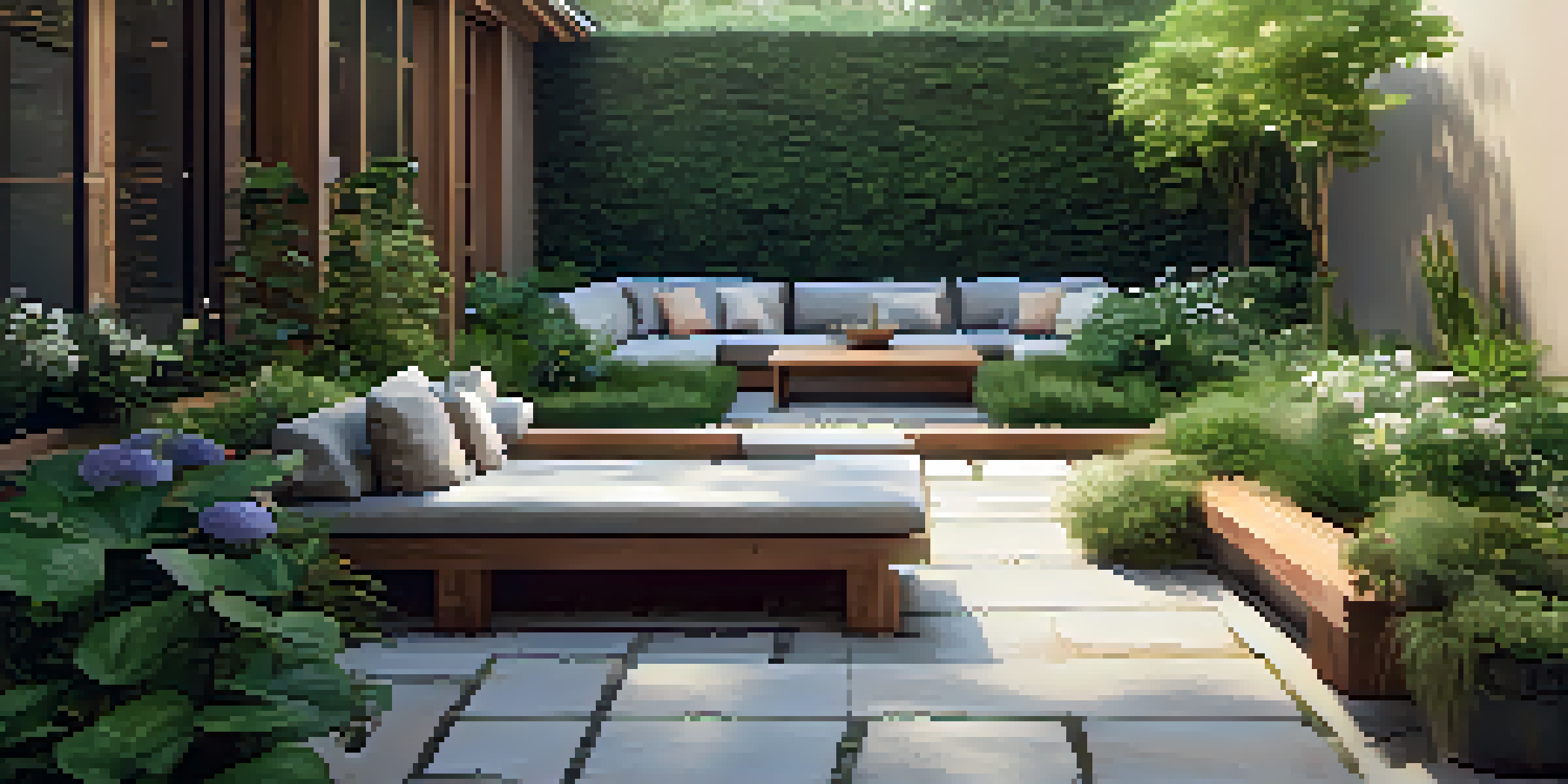 A peaceful outdoor patio filled with green plants, natural wood furniture, and soft lighting, creating a calming atmosphere.