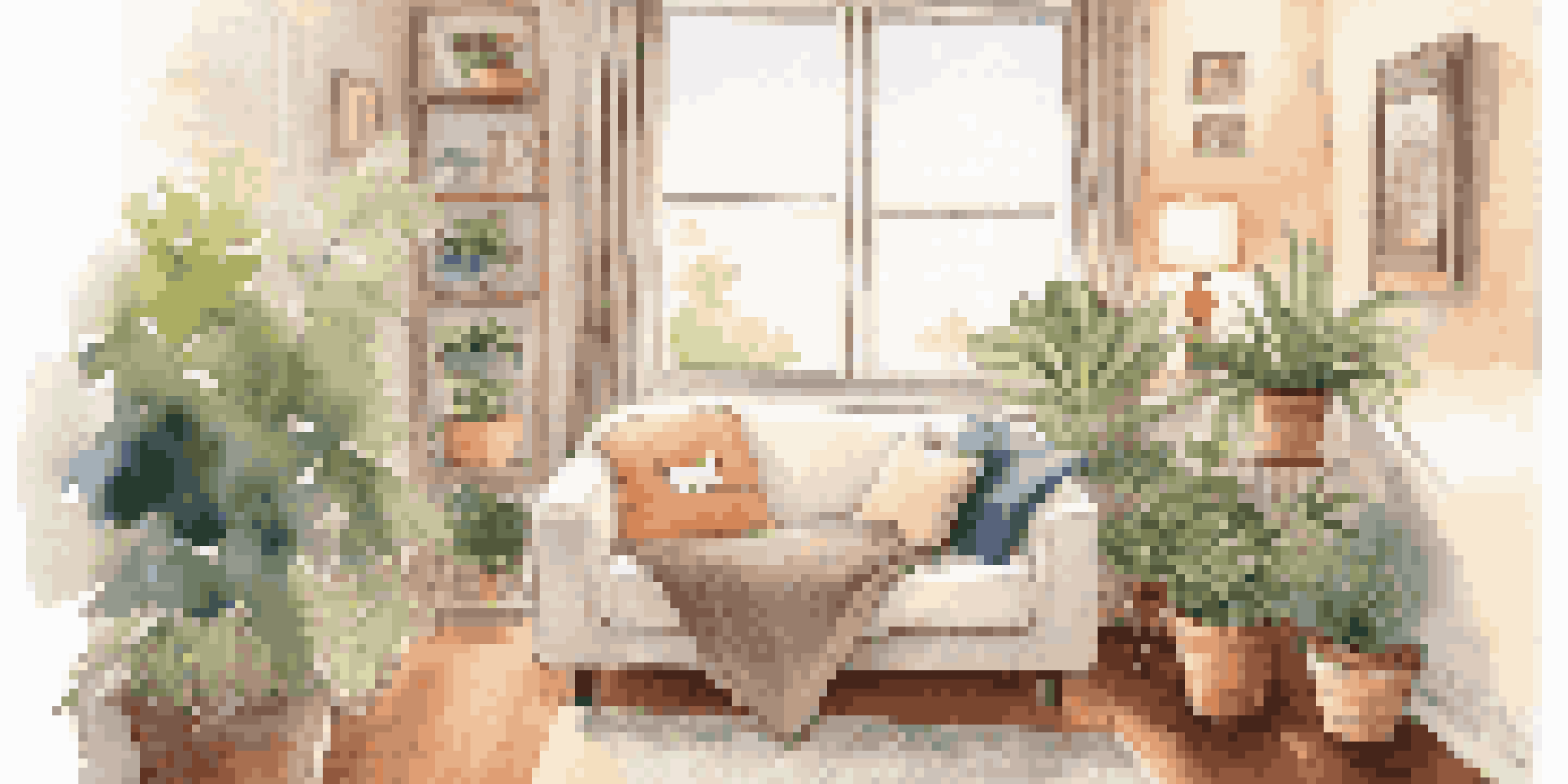 A cozy corner for a pet with a soft blanket, plush pillows, and a small plant, illuminated by natural light.
