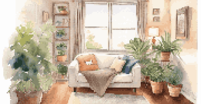 A cozy corner for a pet with a soft blanket, plush pillows, and a small plant, illuminated by natural light.