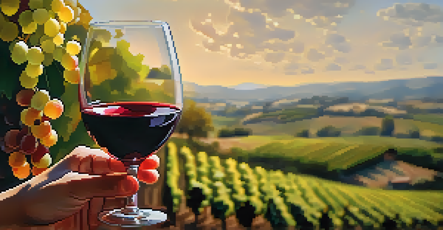 A close-up of a hand holding a glass of red wine with a blurred vineyard backdrop and ripe grapes around it.