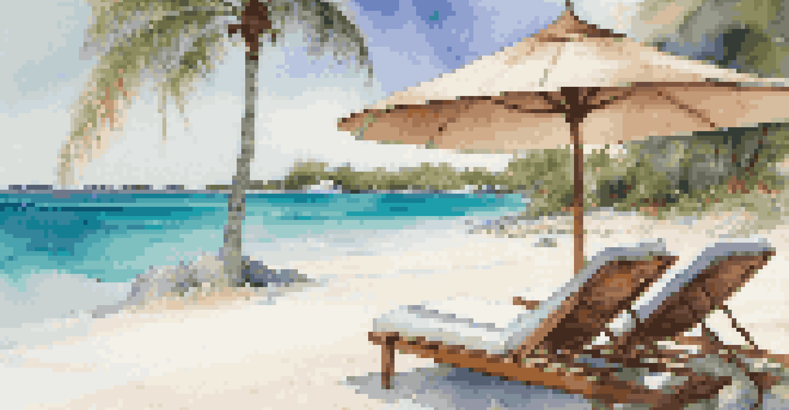 A beautiful beach scene in Turks and Caicos with white sand, clear waters, and a couple relaxing under an umbrella near a private villa.