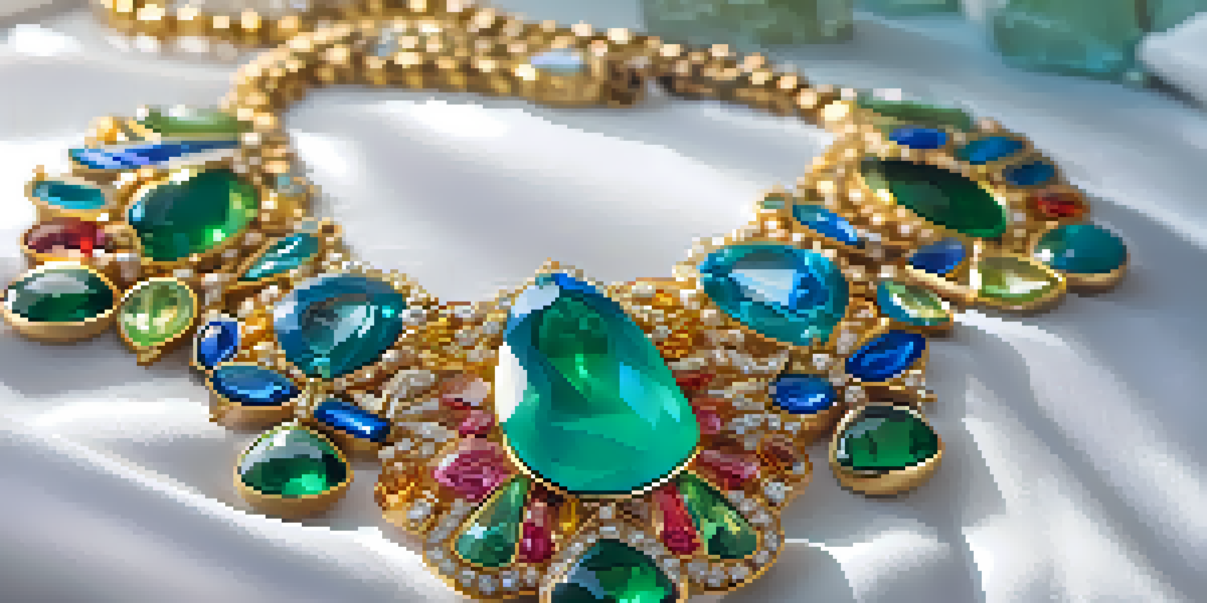 A colorful statement necklace with large gemstones displayed on a white blouse, illuminated by soft natural light.