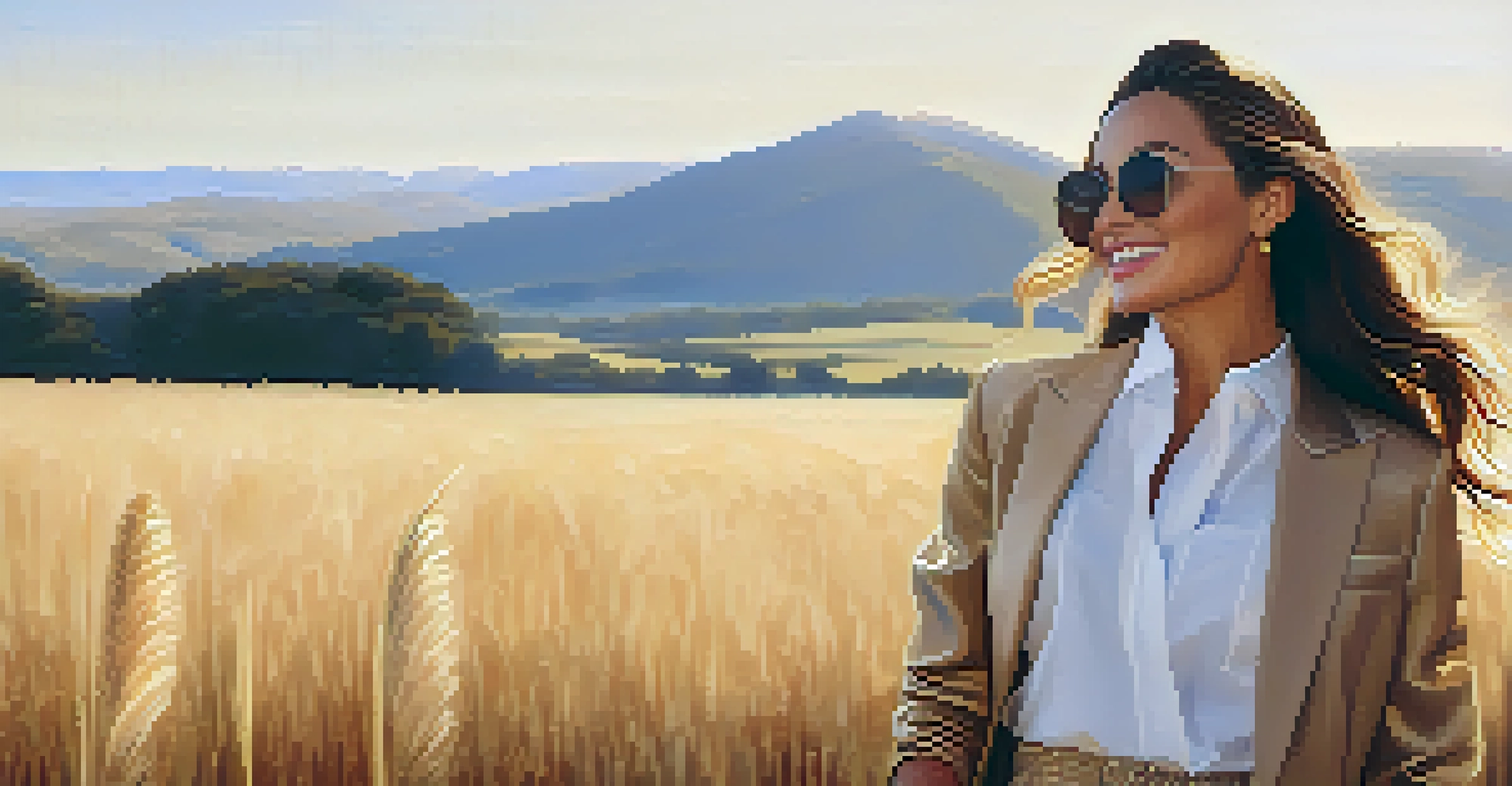 A celebrity in a sustainable fashion outfit standing outdoors with a bright landscape behind them, showcasing the textures of the clothing.