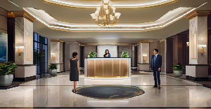 A luxurious hotel lobby where a receptionist is warmly greeting a guest, showcasing personalized service with elegant decor and ambient lighting.