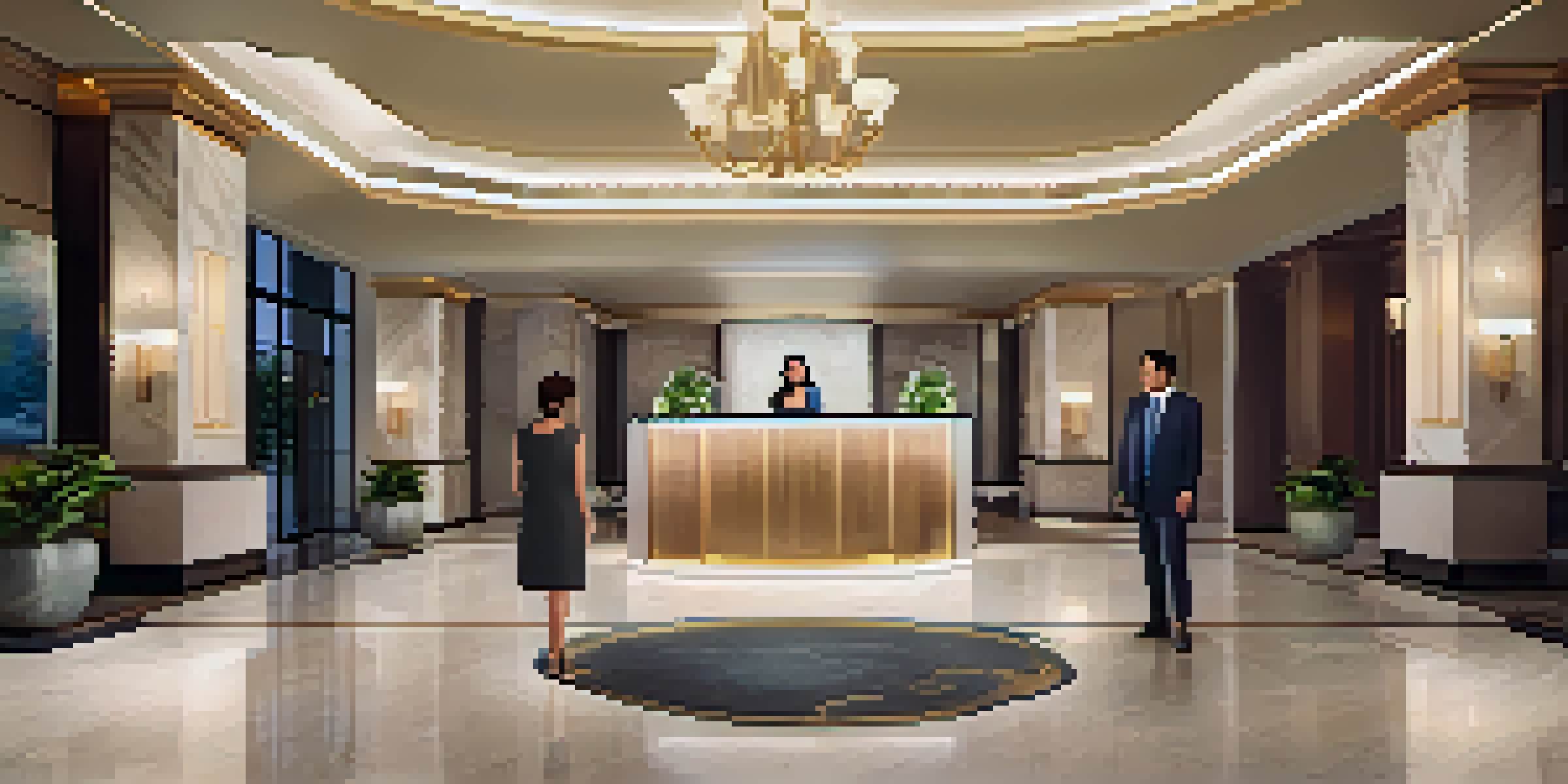 A luxurious hotel lobby where a receptionist is warmly greeting a guest, showcasing personalized service with elegant decor and ambient lighting.