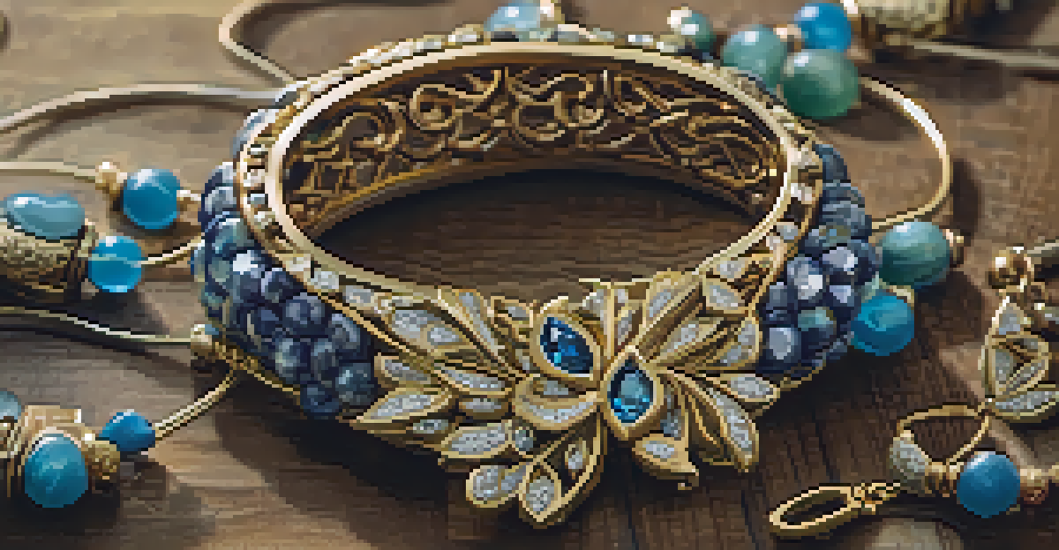 A close-up of ethically sourced jewelry made with recycled gold and gemstones, placed on a wooden surface.
