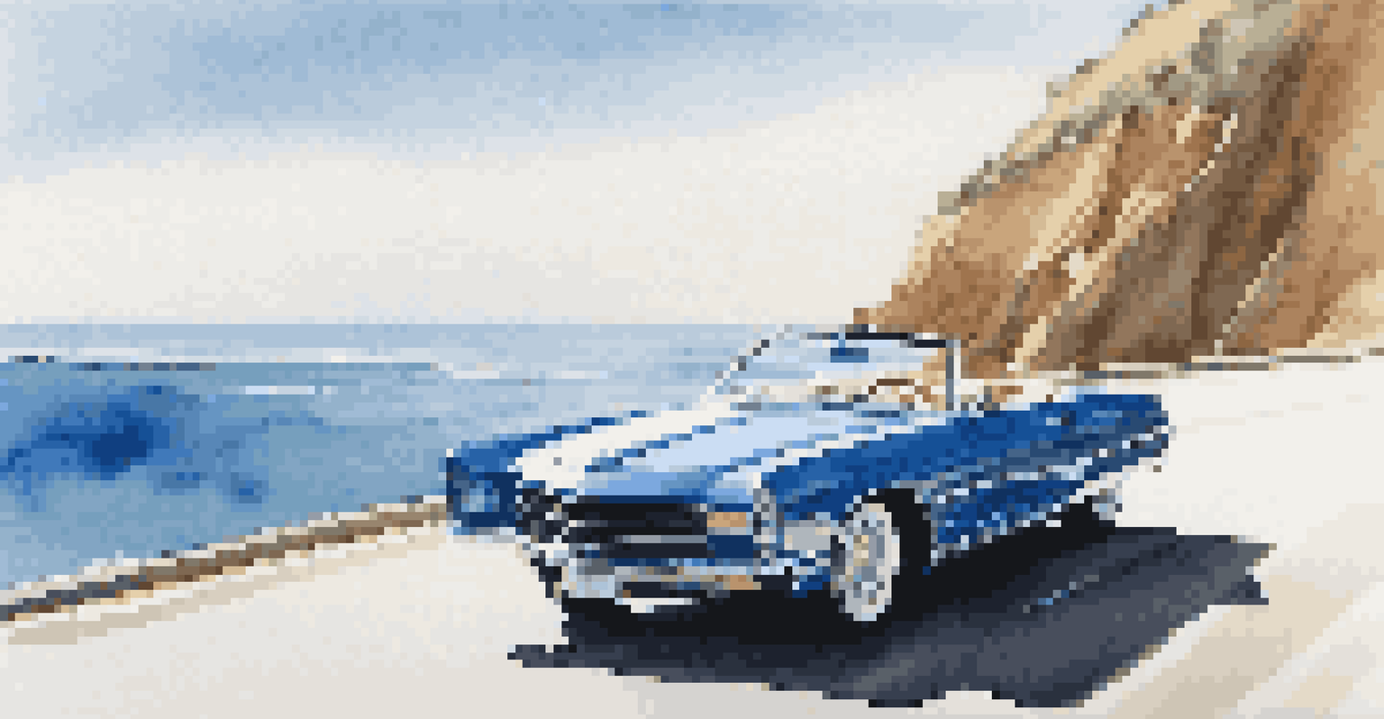 A blue luxury convertible car driving fast along a coastal road with ocean views.