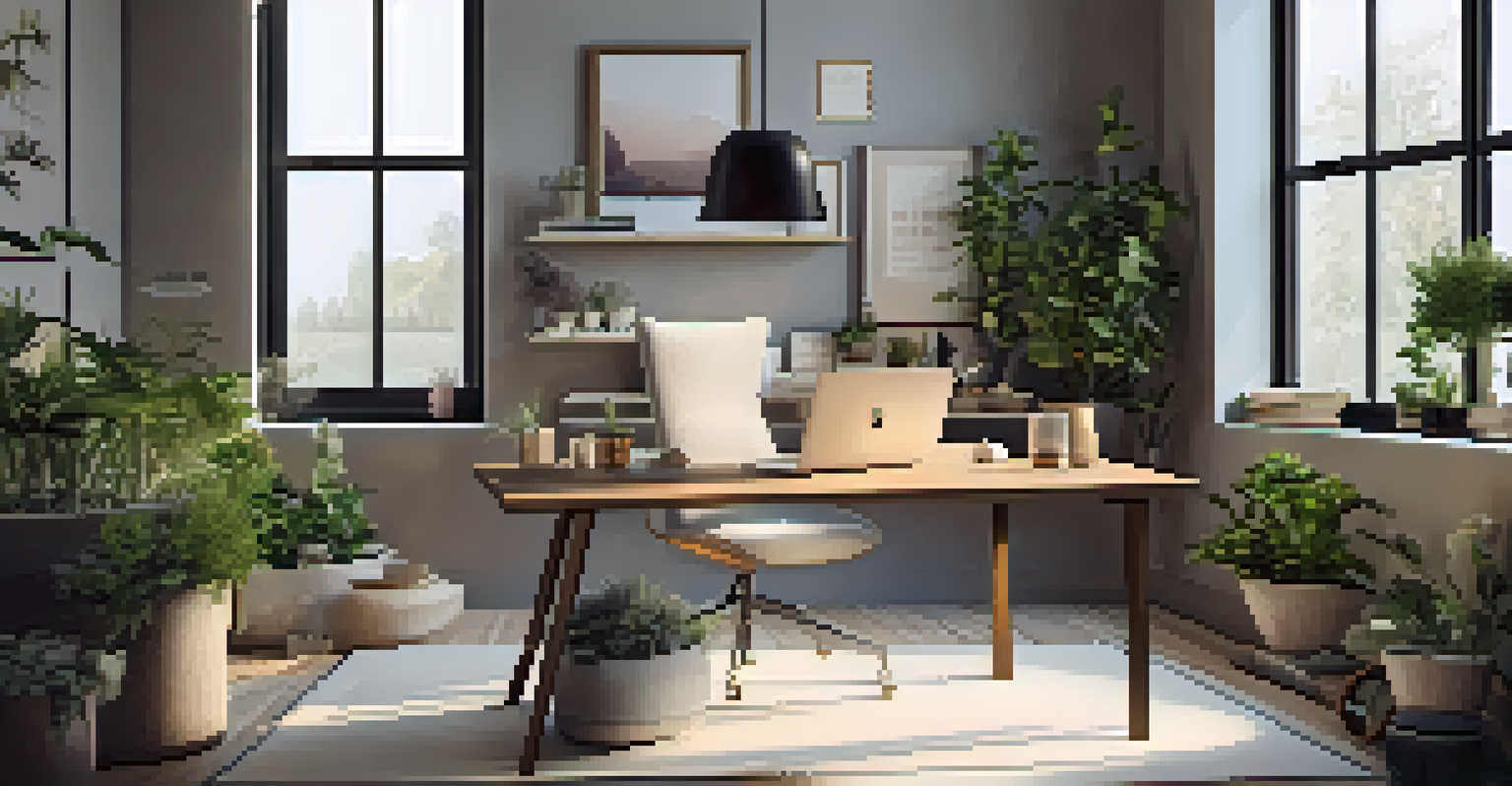 A modern workspace for relationship coaching, equipped with a laptop and decorated with plants and motivational quotes.