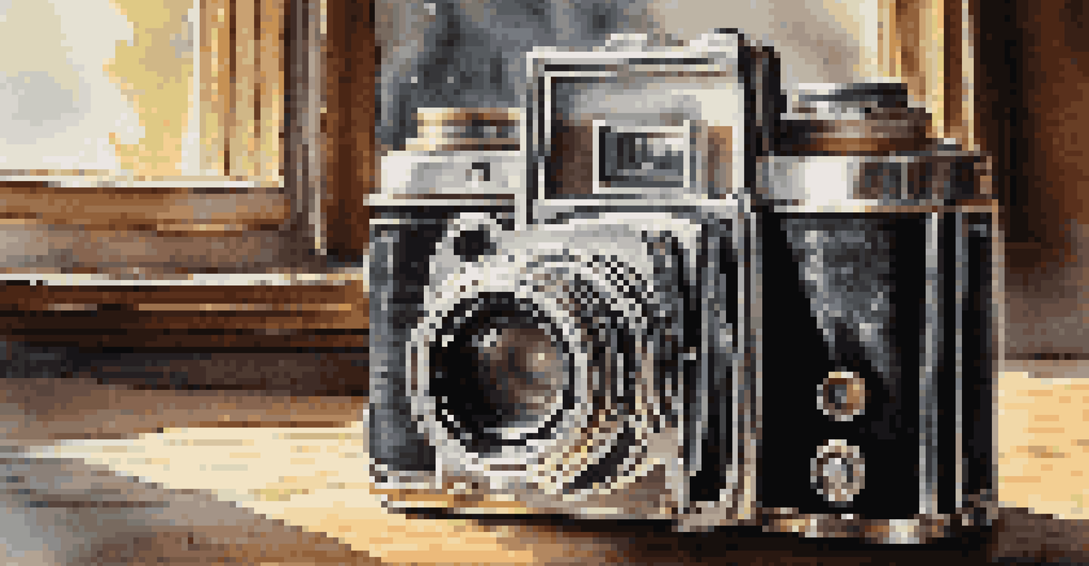 A close-up of a vintage camera on a wooden table, illuminated by sunlight with scattered photographs.