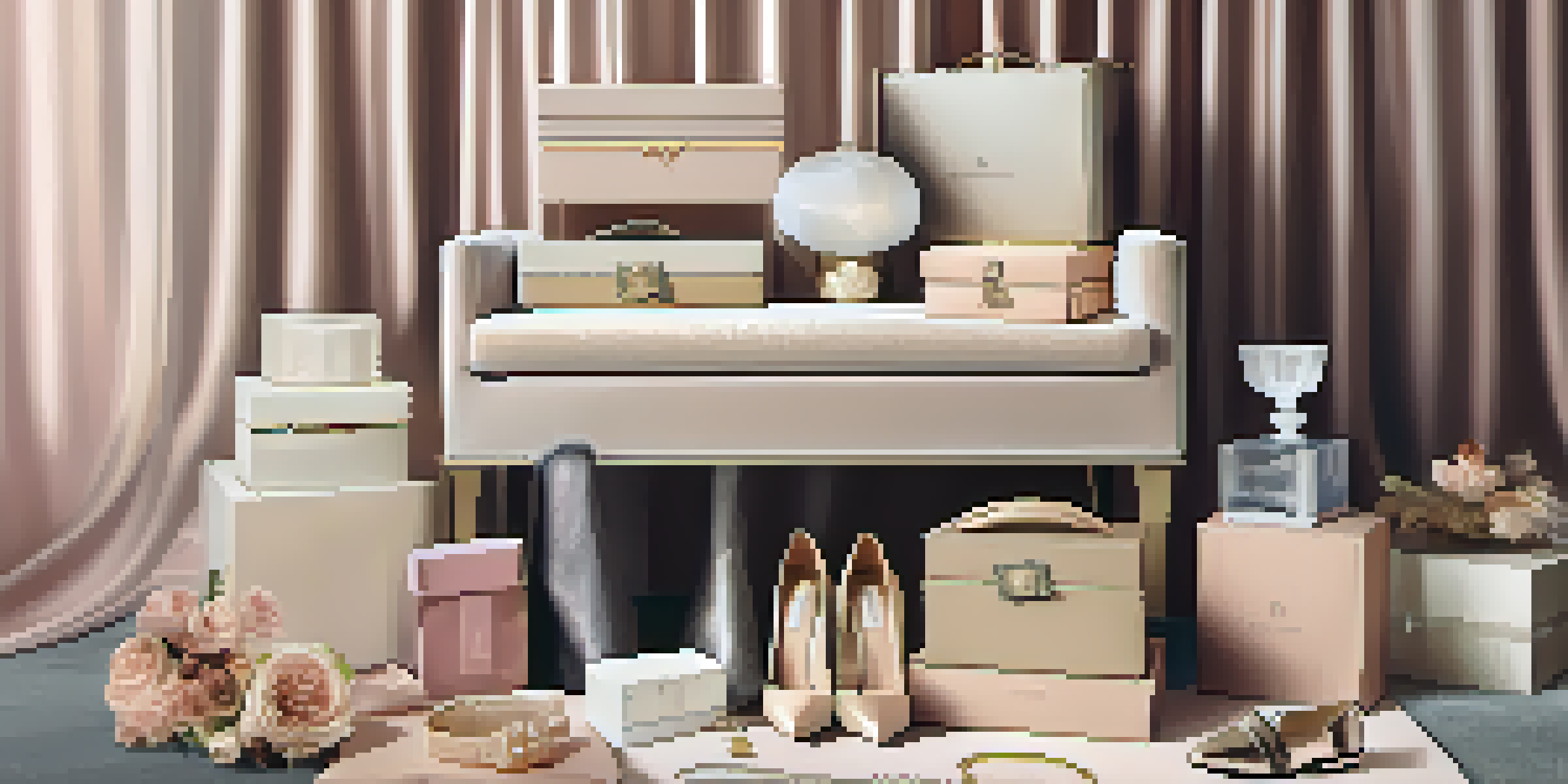 An open luxury subscription box displaying high-end clothing and accessories on a soft velvet surface.