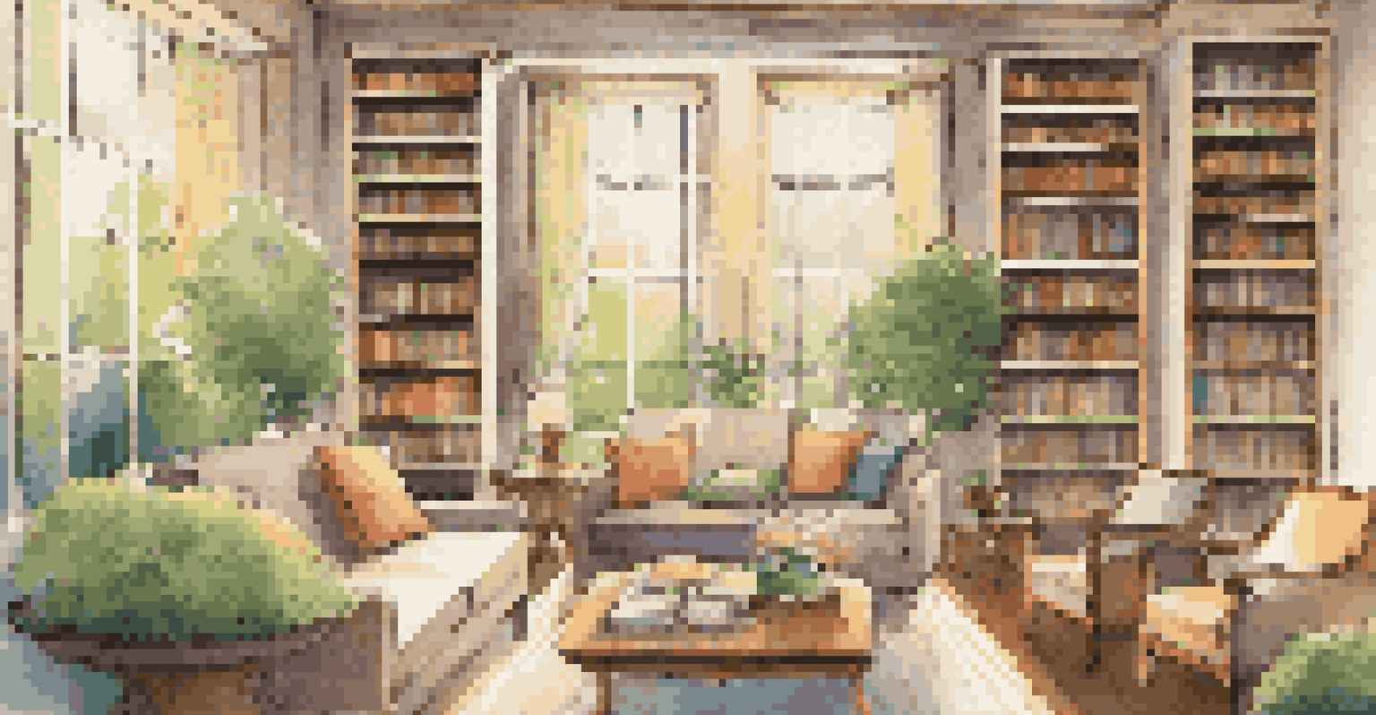 A tranquil adult reading area with comfortable sofas, warm lighting, and a view of a peaceful garden.