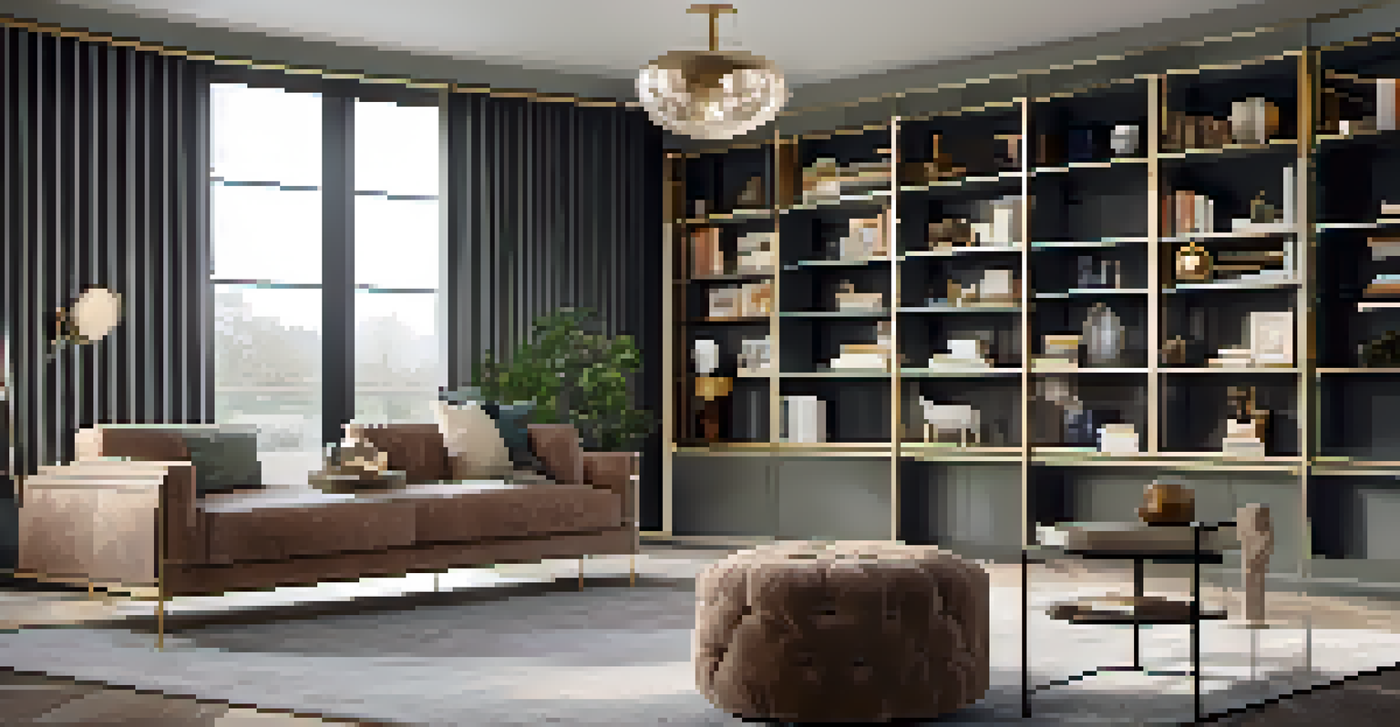 A stylish bookshelf in a modern home office filled with books, sculptures, and art, creating a cohesive and luxurious design.