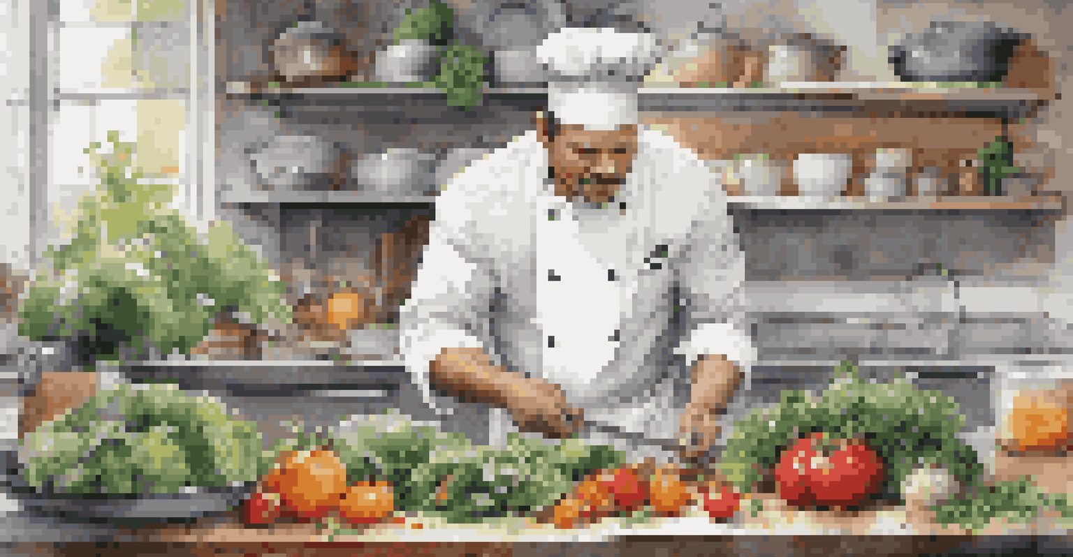 A chef preparing a seasonal dish in a bright kitchen, surrounded by fresh vegetables and herbs.