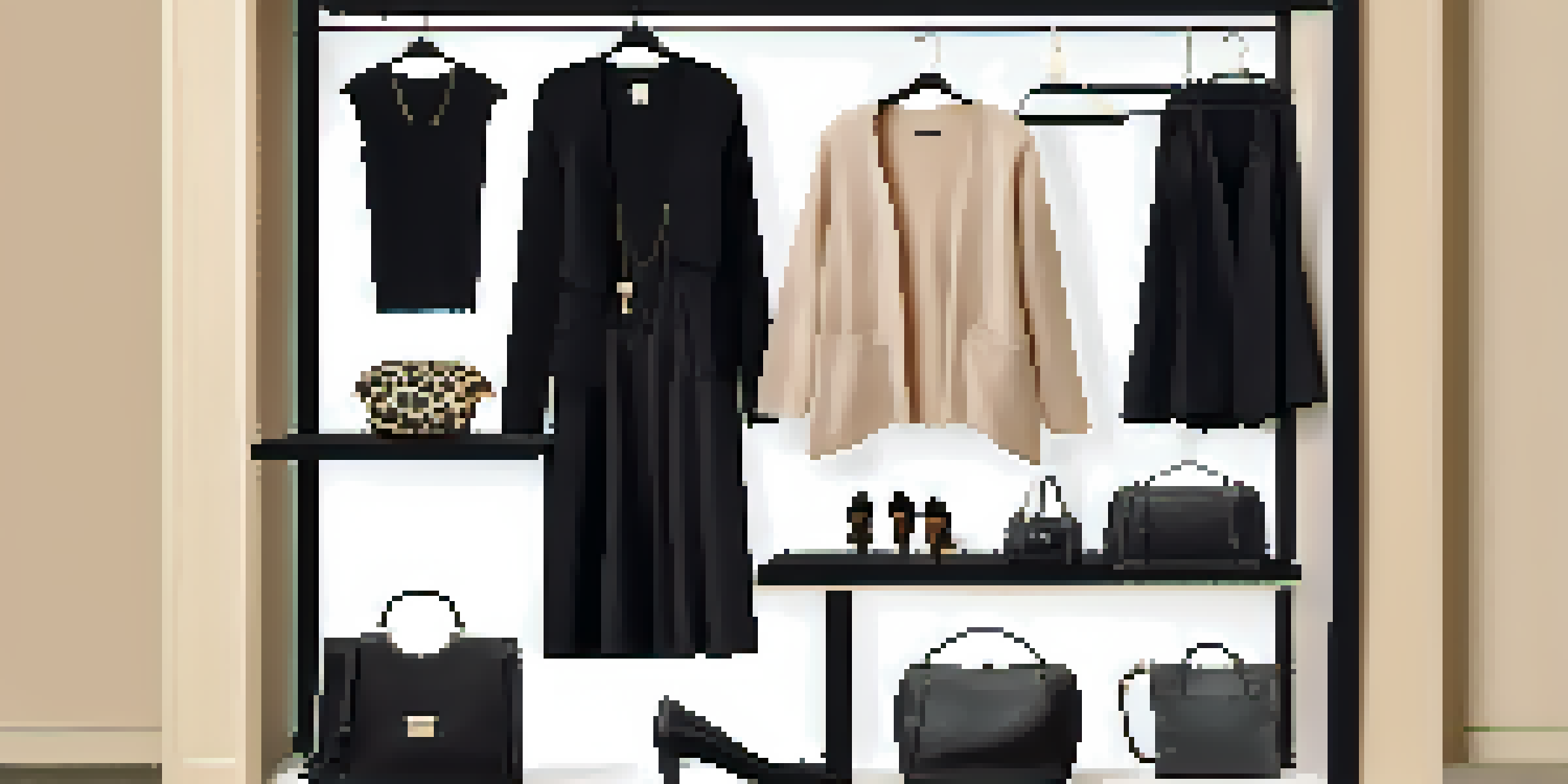 A travel wardrobe displaying versatile clothing items and stylish accessories, arranged neatly with a focus on neutral colors and pops of color.
