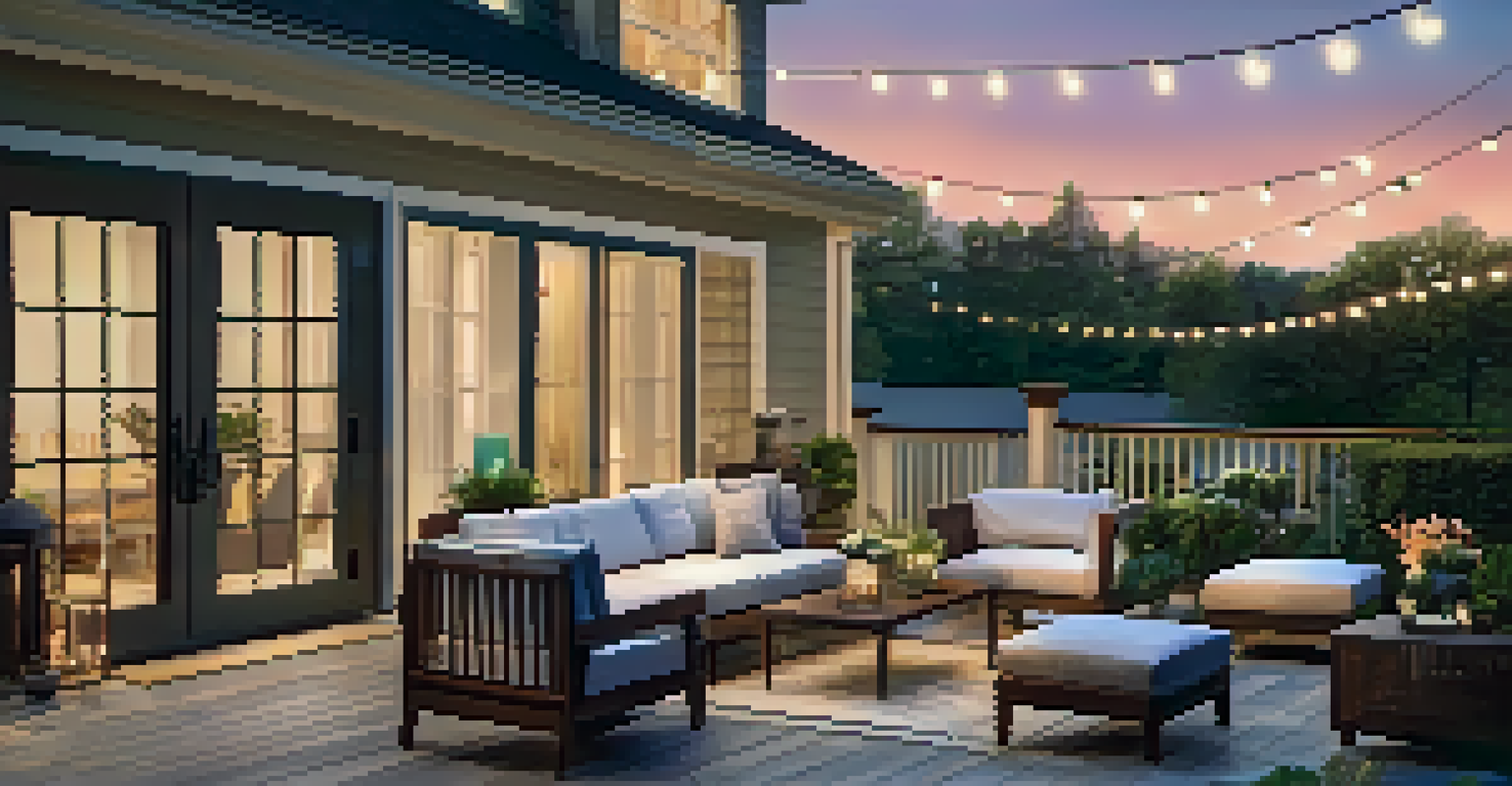 An outdoor patio with smart lighting and security features, set in the evening twilight.