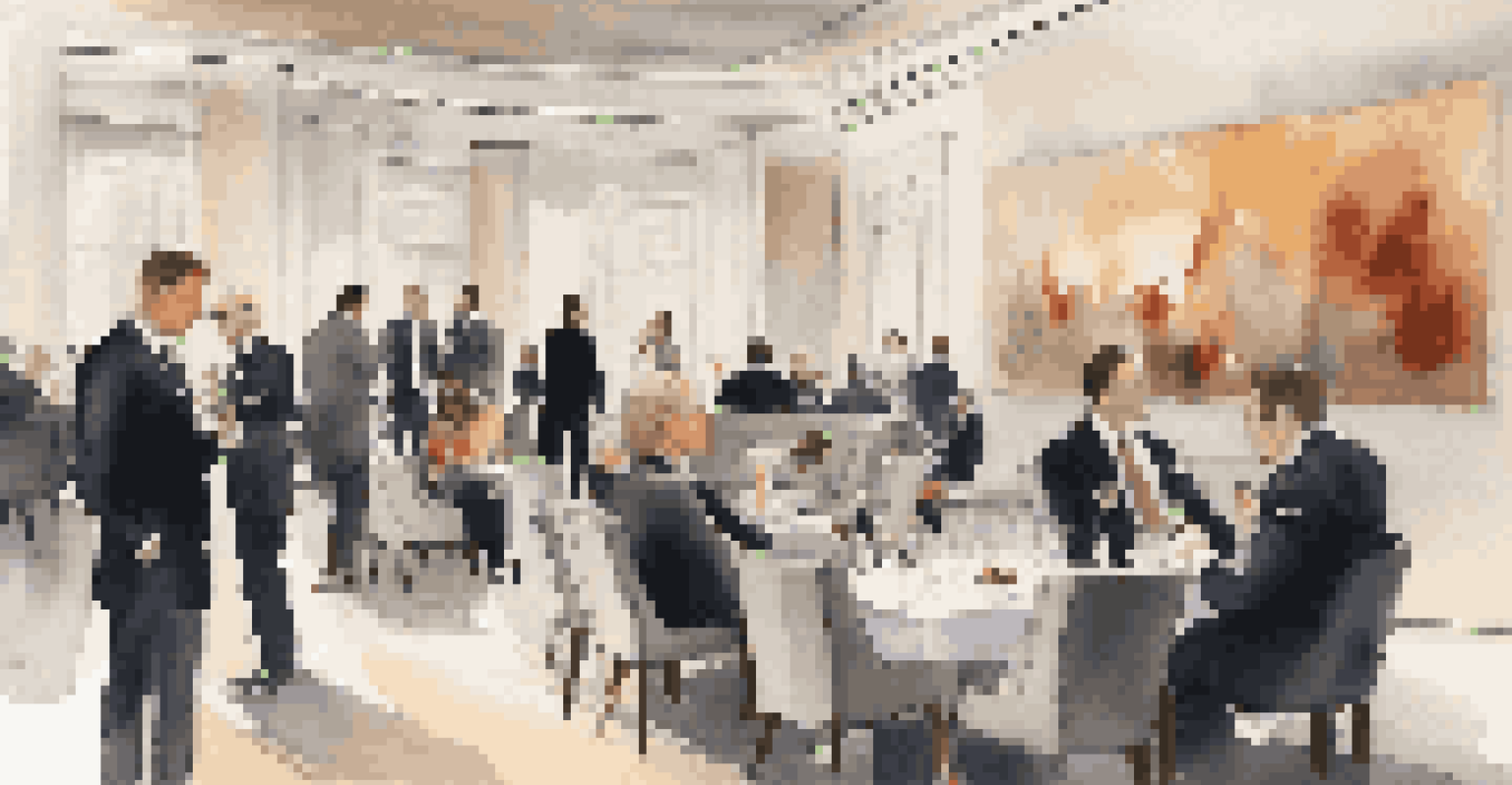 A networking event in a stylish lounge with professionals talking over fine wines and hors d'oeuvres.