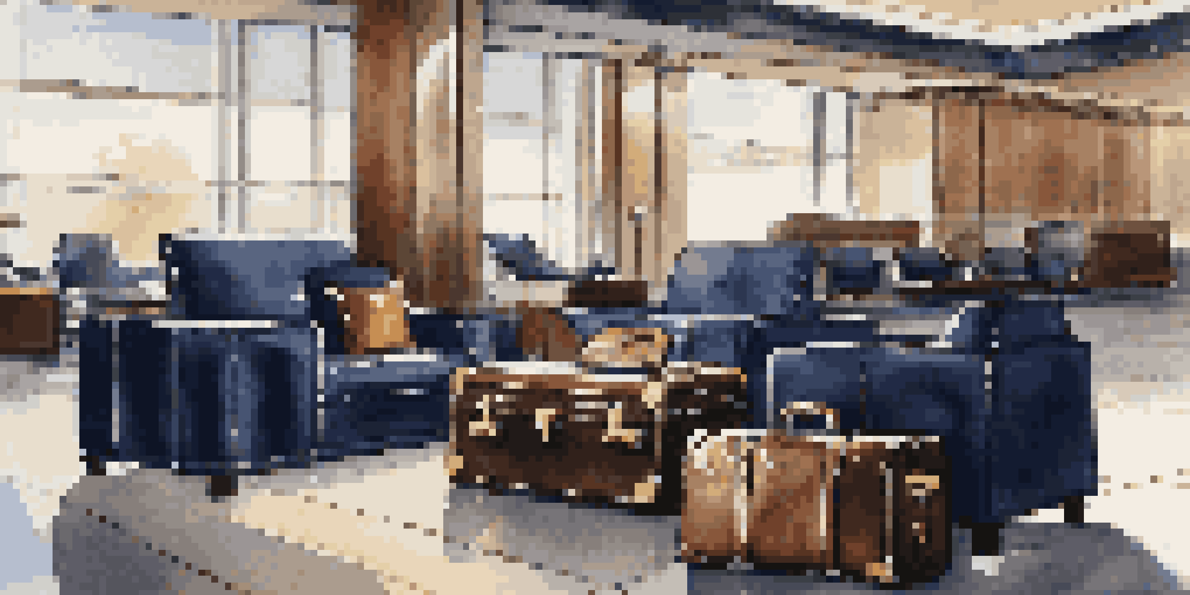 A luxurious travel scene showing elegant luggage in an upscale airport lounge, surrounded by stylish travel organizers and plush seating.