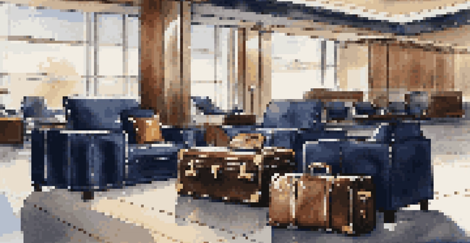 A luxurious travel scene showing elegant luggage in an upscale airport lounge, surrounded by stylish travel organizers and plush seating.