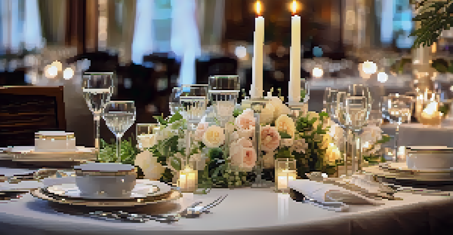 An elegant dining table setting with fine china and candlelight in a luxurious restaurant.