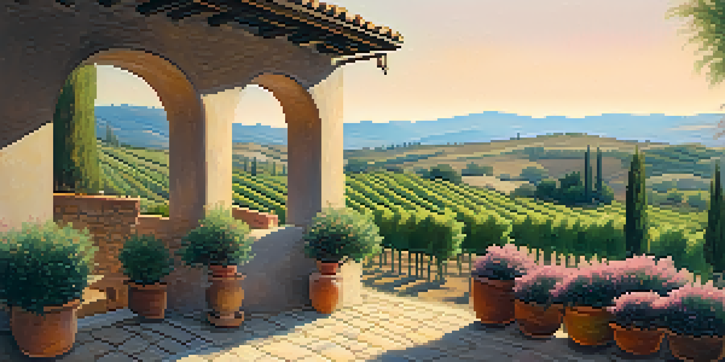 A Tuscan villa with olive trees and vineyards at sunset, with a painter working on a canvas.