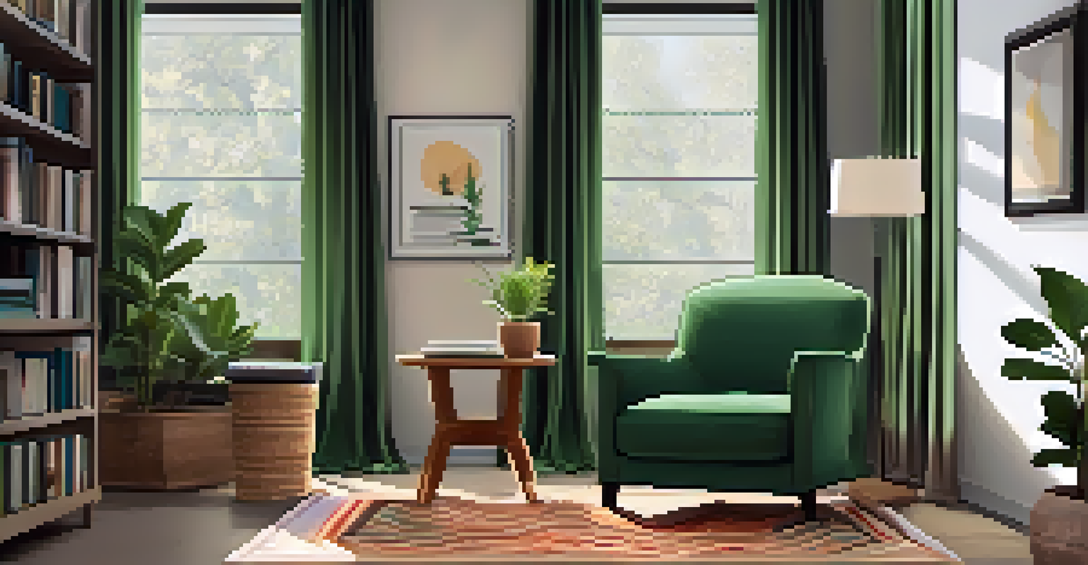 A cozy reading nook in a home office with an armchair, a side table, and plants, bathed in soft light from a floor lamp.