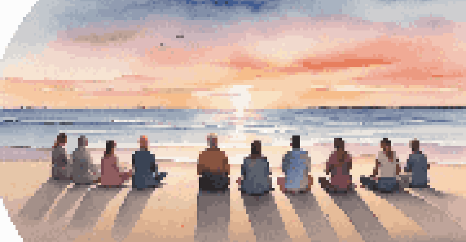 A sunset meditation session on the beach, with clients sitting in a circle on the sand, guided by a wellness coach under a colorful sky.