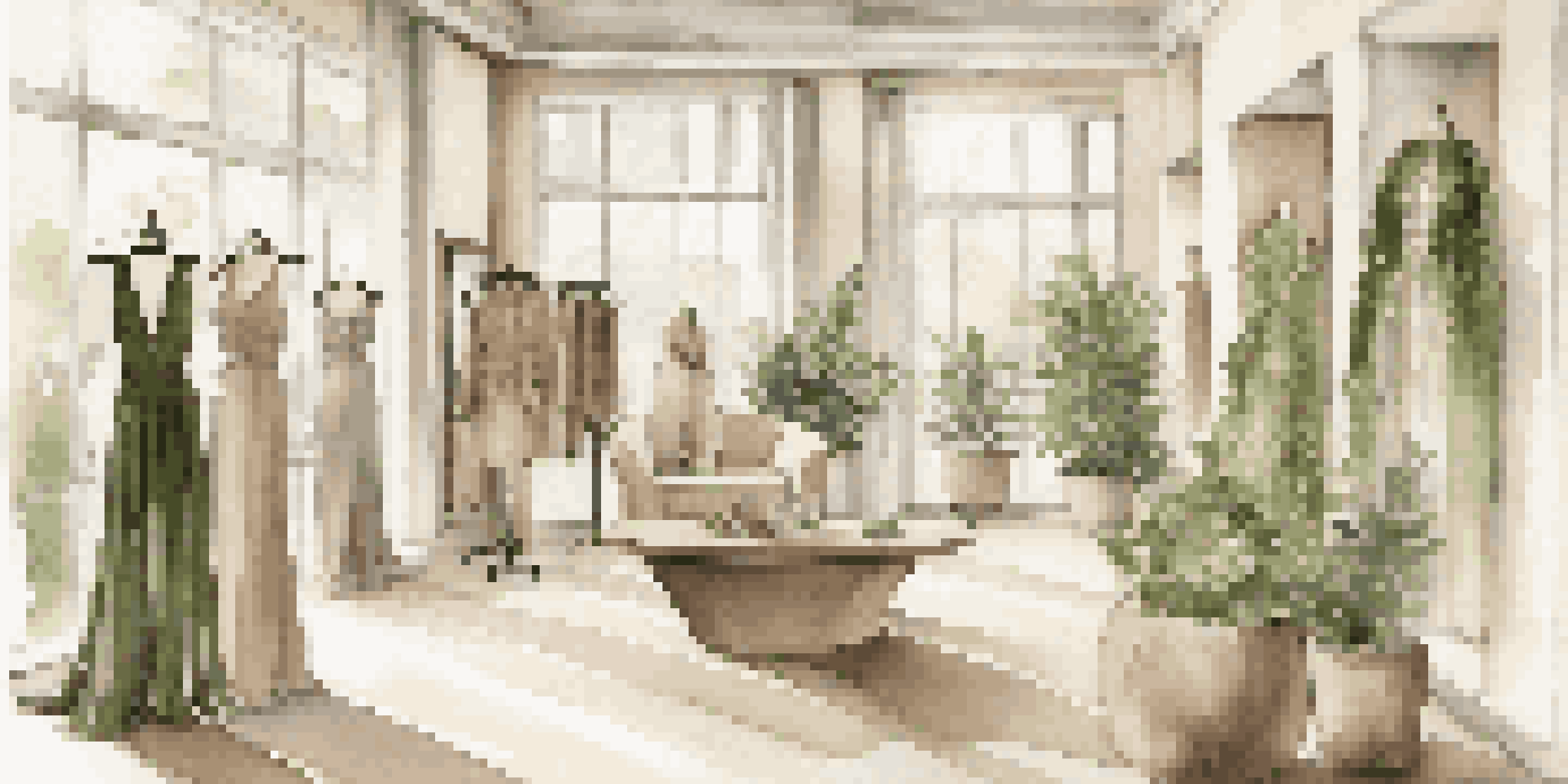 A fashion showroom displaying eco-friendly luxury clothing with natural light and greenery.
