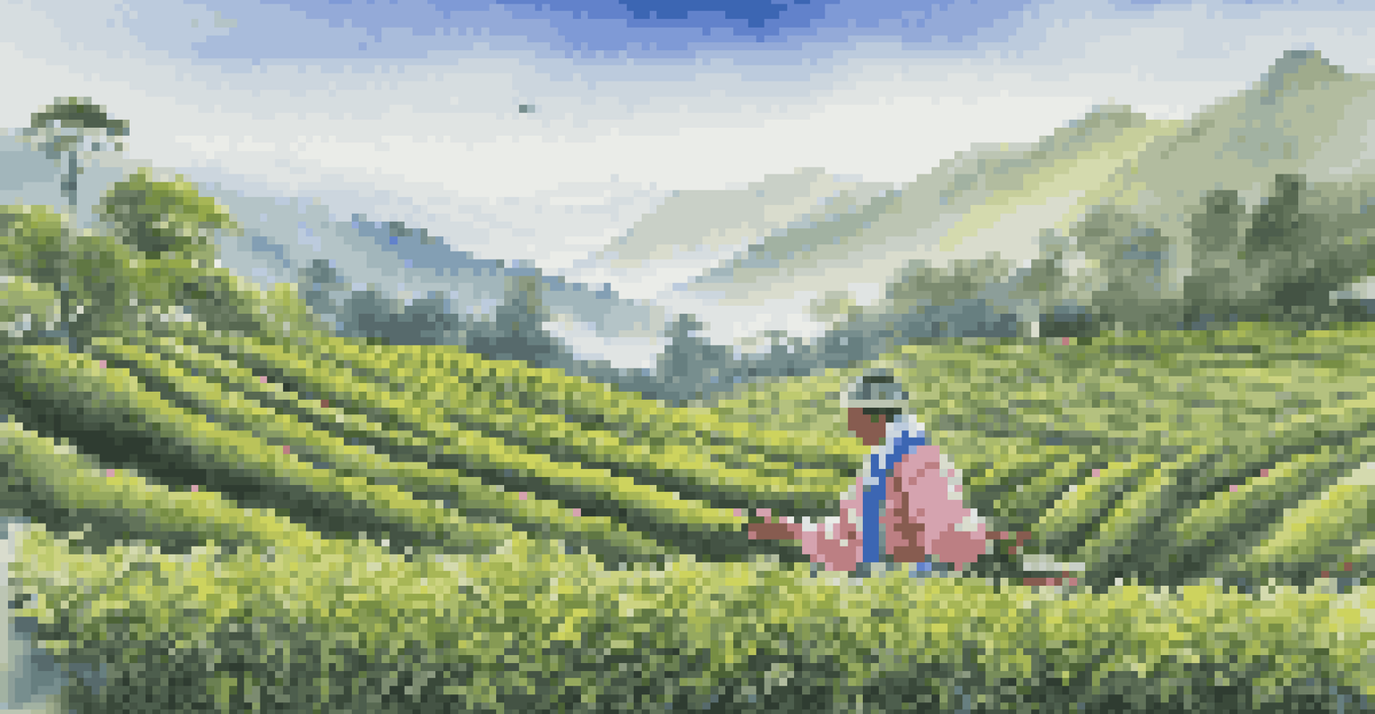 A vibrant tea garden with a farmer picking tea leaves, set against a blue sky and mountains, showcasing lush green plants.