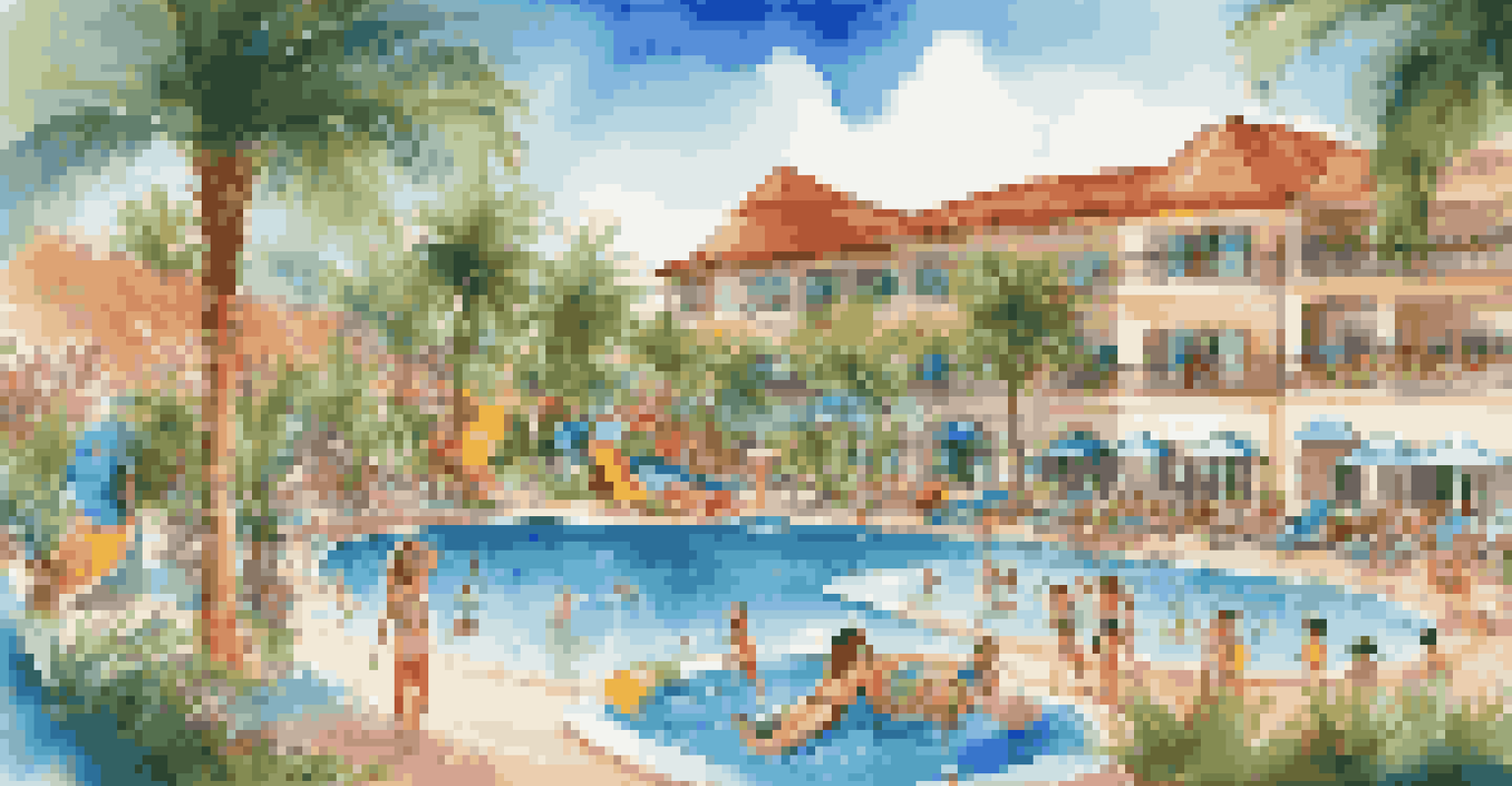A luxurious family resort with a swimming pool, palm trees, and families enjoying their time together.