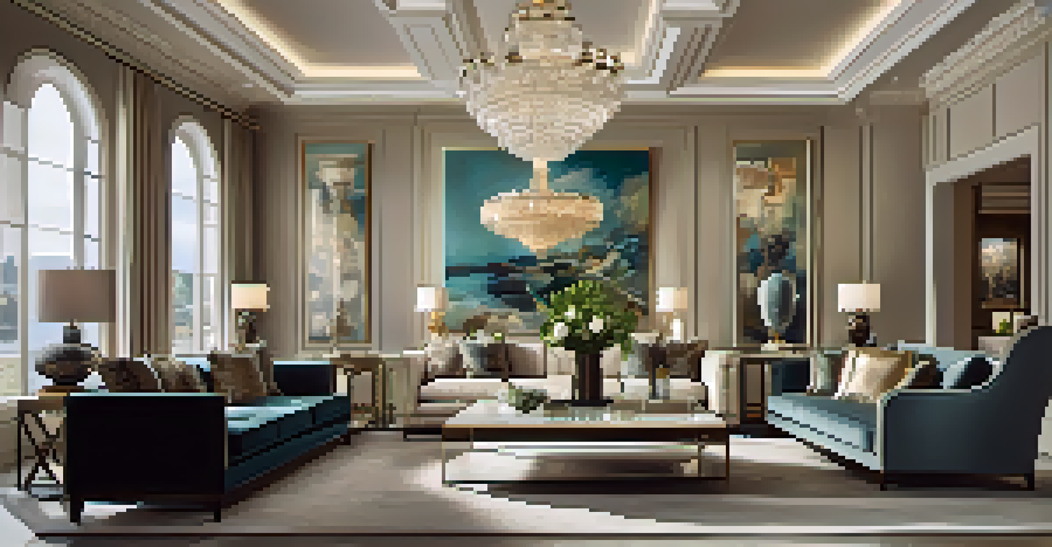 A luxurious living room with art, furniture, and a security system control panel on the coffee table.
