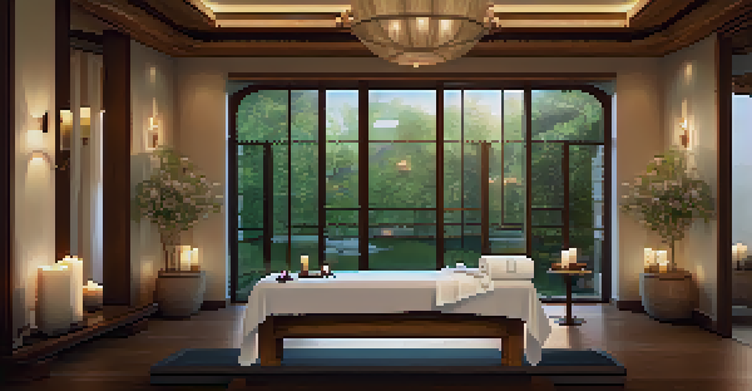 A luxurious spa room with a massage table, candles, and flowers, creating a tranquil environment for relaxation.