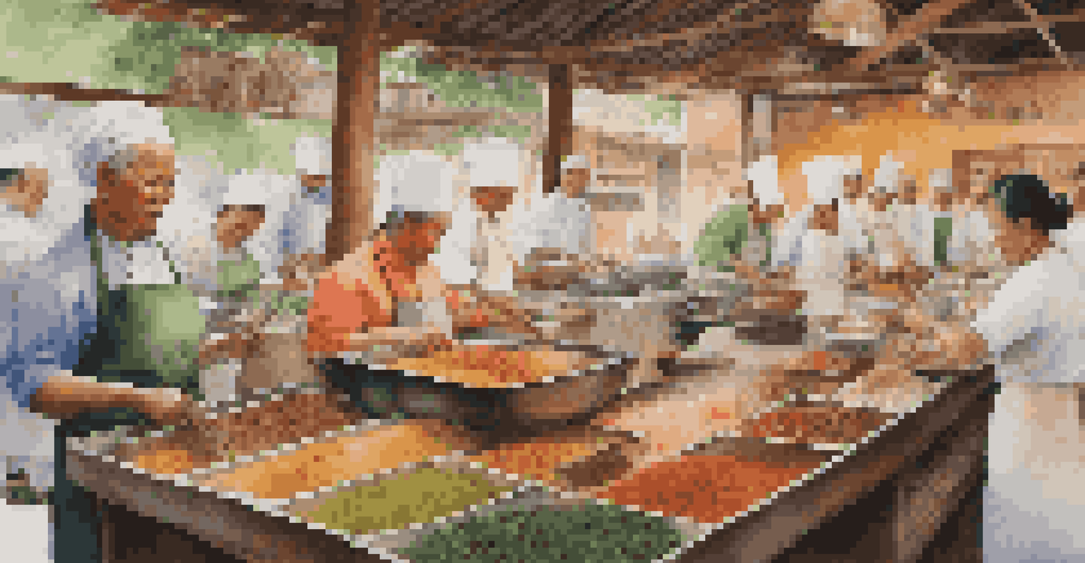 A culinary workshop in Southeast Asia with travelers cooking alongside local chefs, surrounded by colorful ingredients.