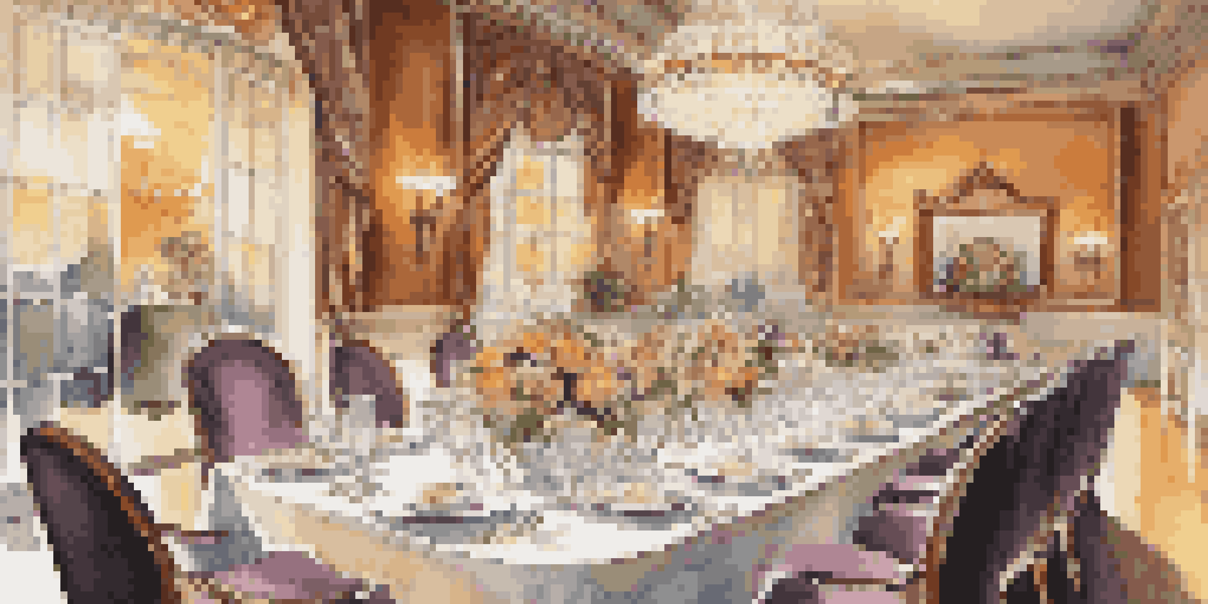 An elegant dining table set in a fine dining restaurant, showcasing gourmet food, fine china, and ambient lighting.