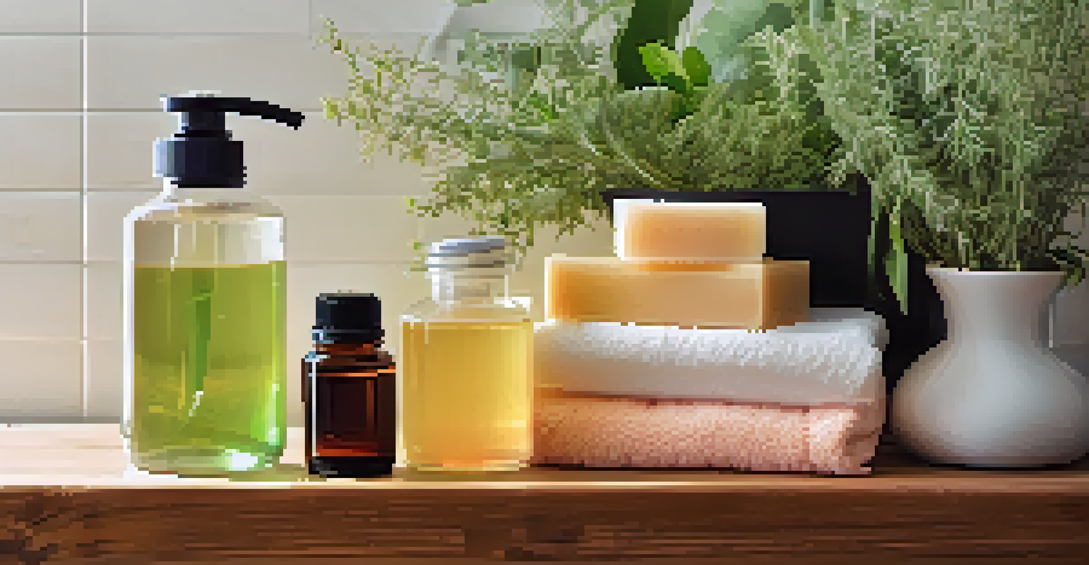 A bathroom shelf with artisanal soaps, essential oils, and fresh herbs, all bathed in natural light for a spa-like feel.