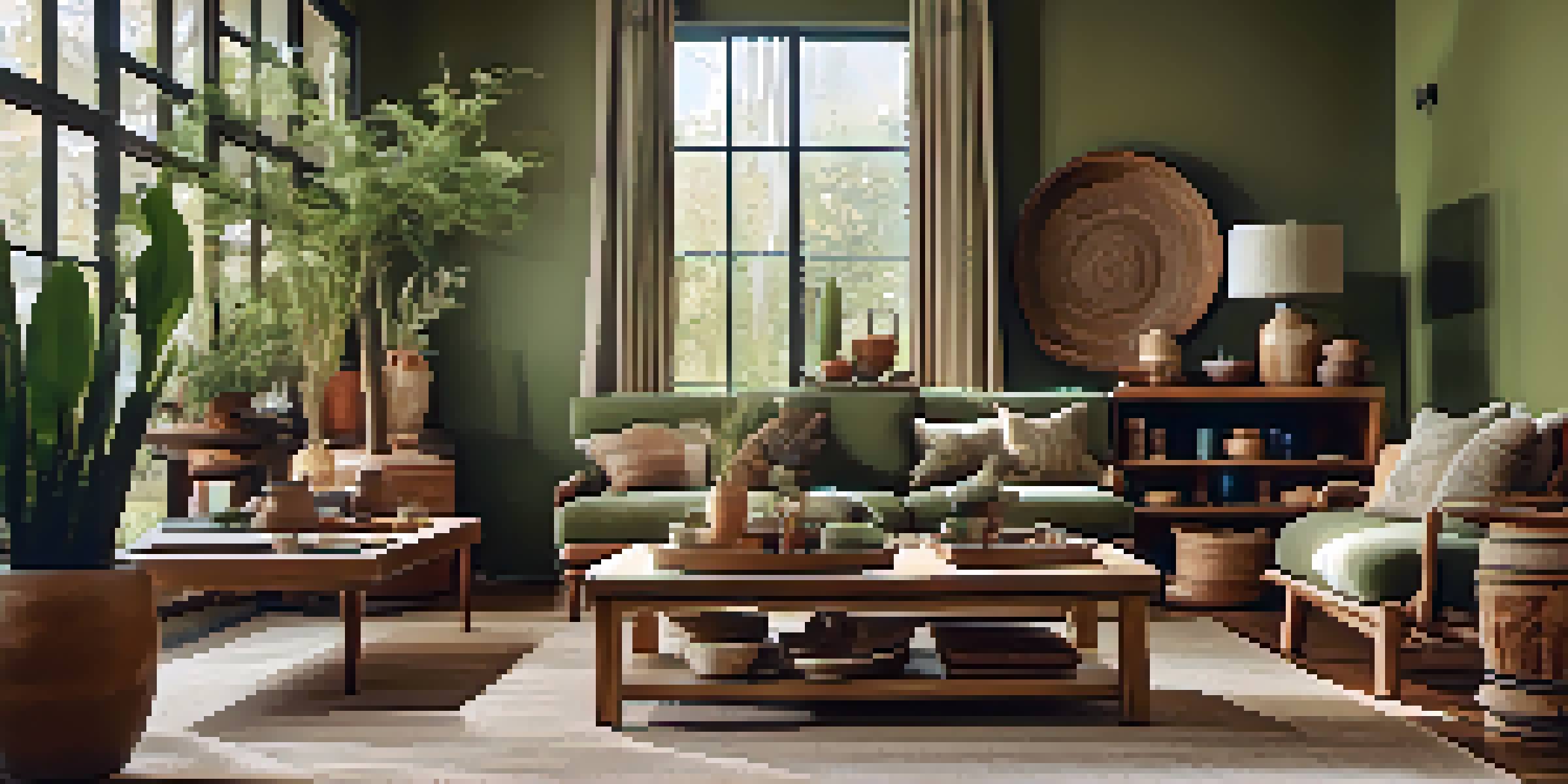 A cozy living room with handcrafted wooden furniture, an olive green accent wall, and natural light highlighting artisanal pottery and textiles.