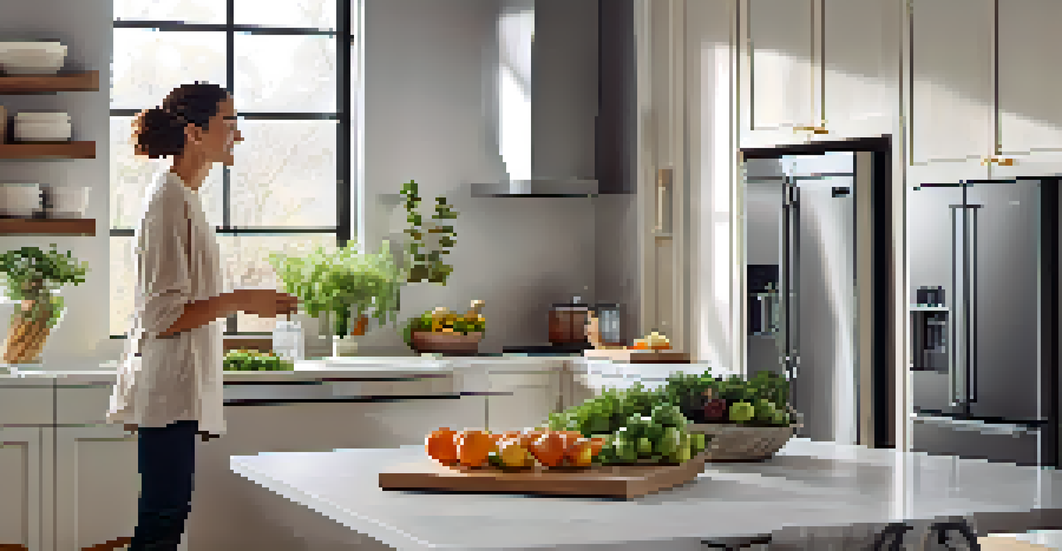A modern kitchen with smart appliances and a person speaking to a smart assistant, illuminated by natural light.