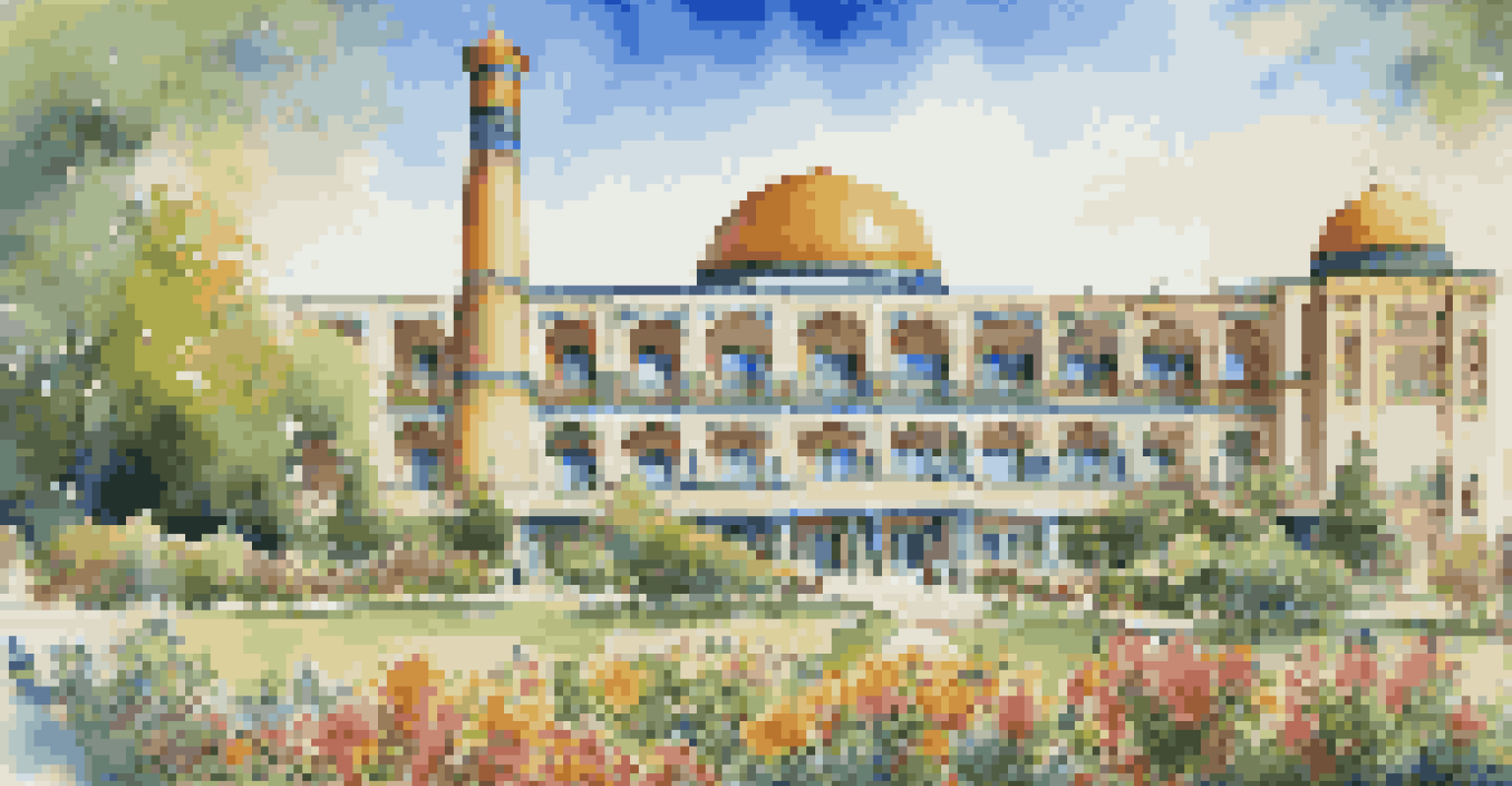 The Hotel Grand Samarkand with its beautiful architecture, surrounded by vibrant flowers and ancient buildings under a clear blue sky.