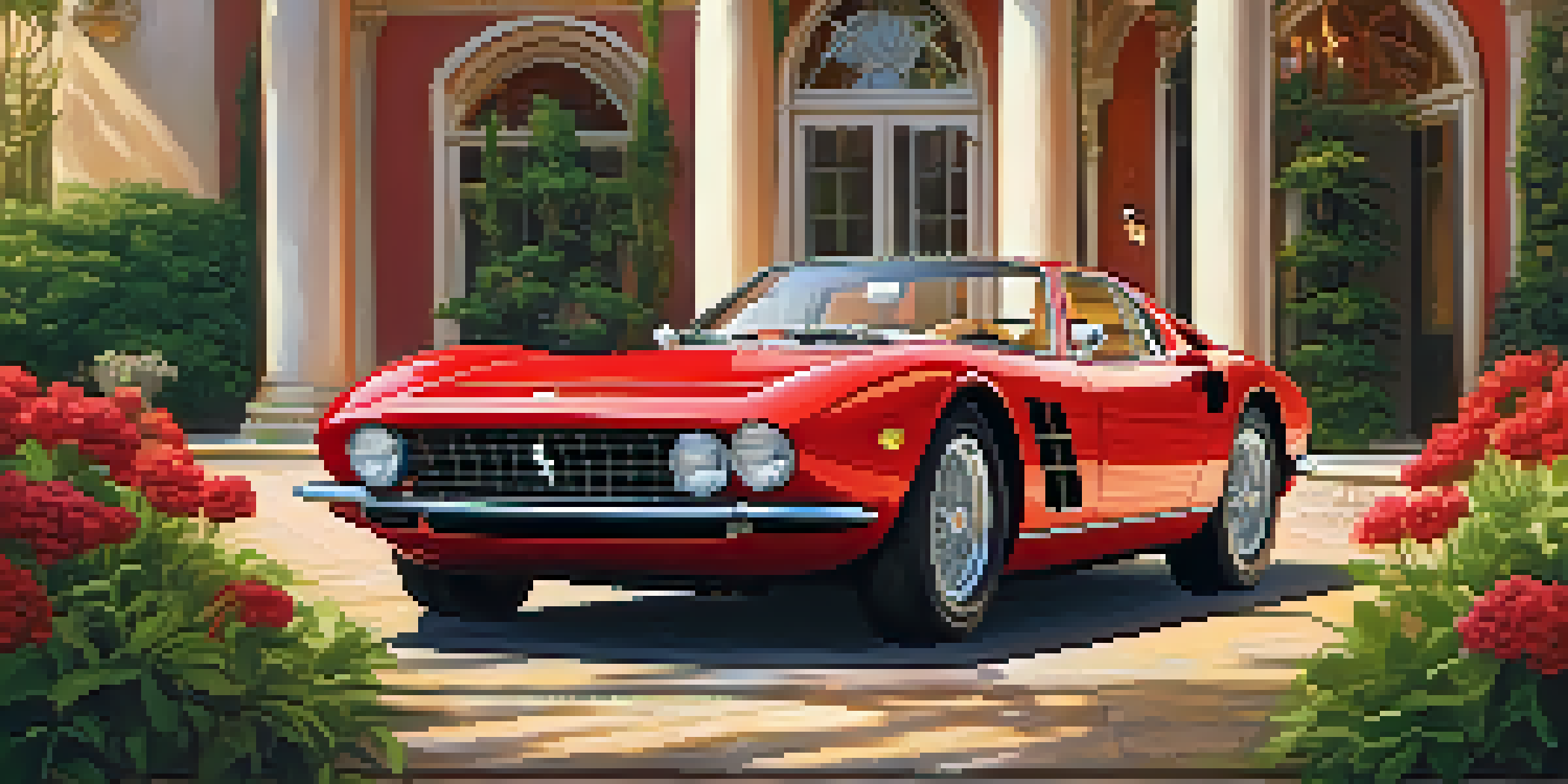 A red Ferrari parked outside a luxurious wedding venue with greenery and flowers around it, illuminated by sunset light.