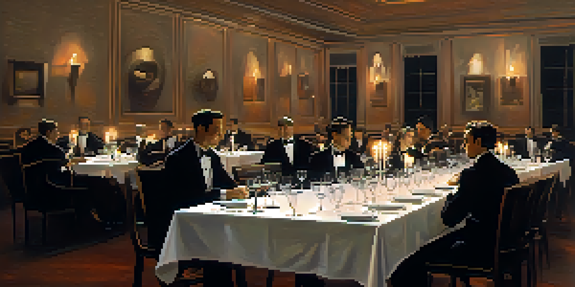 A cozy restaurant with candlelit tables where diners are blindfolded, exploring their meals through touch and conversation.